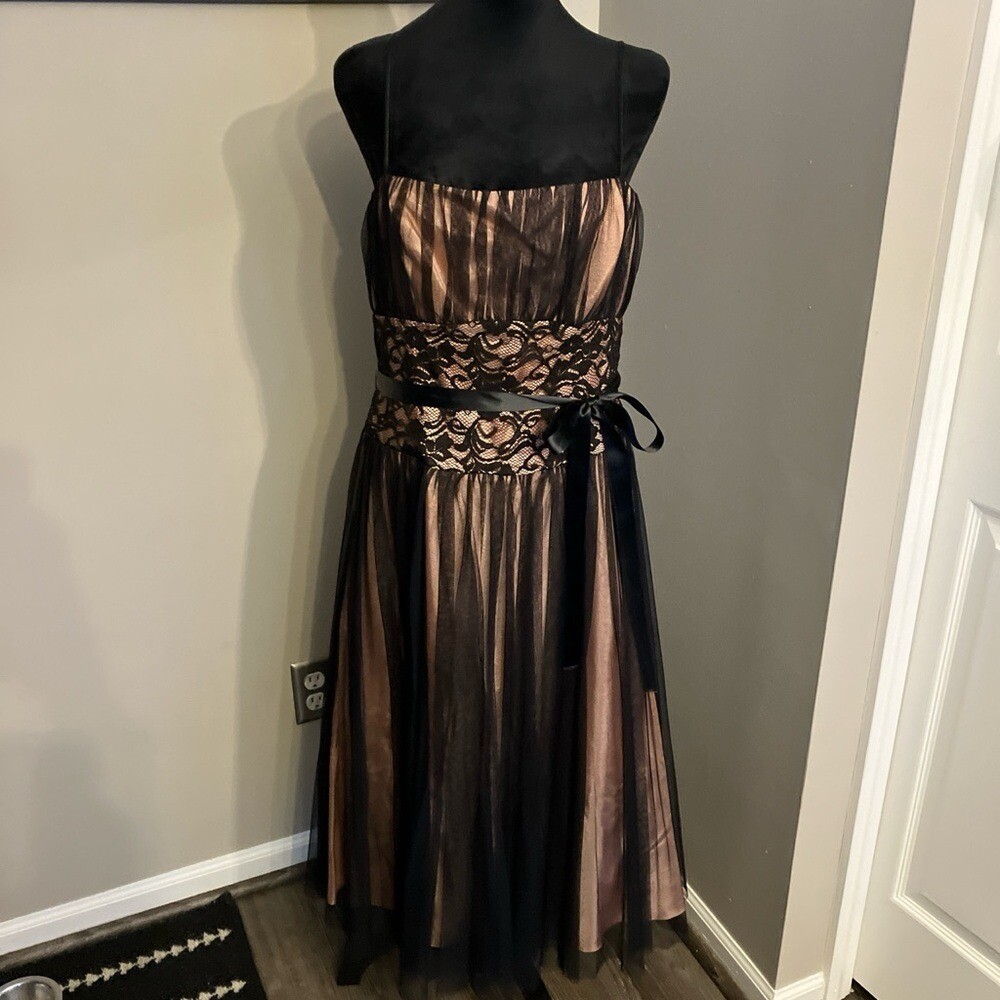 Betsey & Adam size 14 satin blush dress with black tafetta overlay