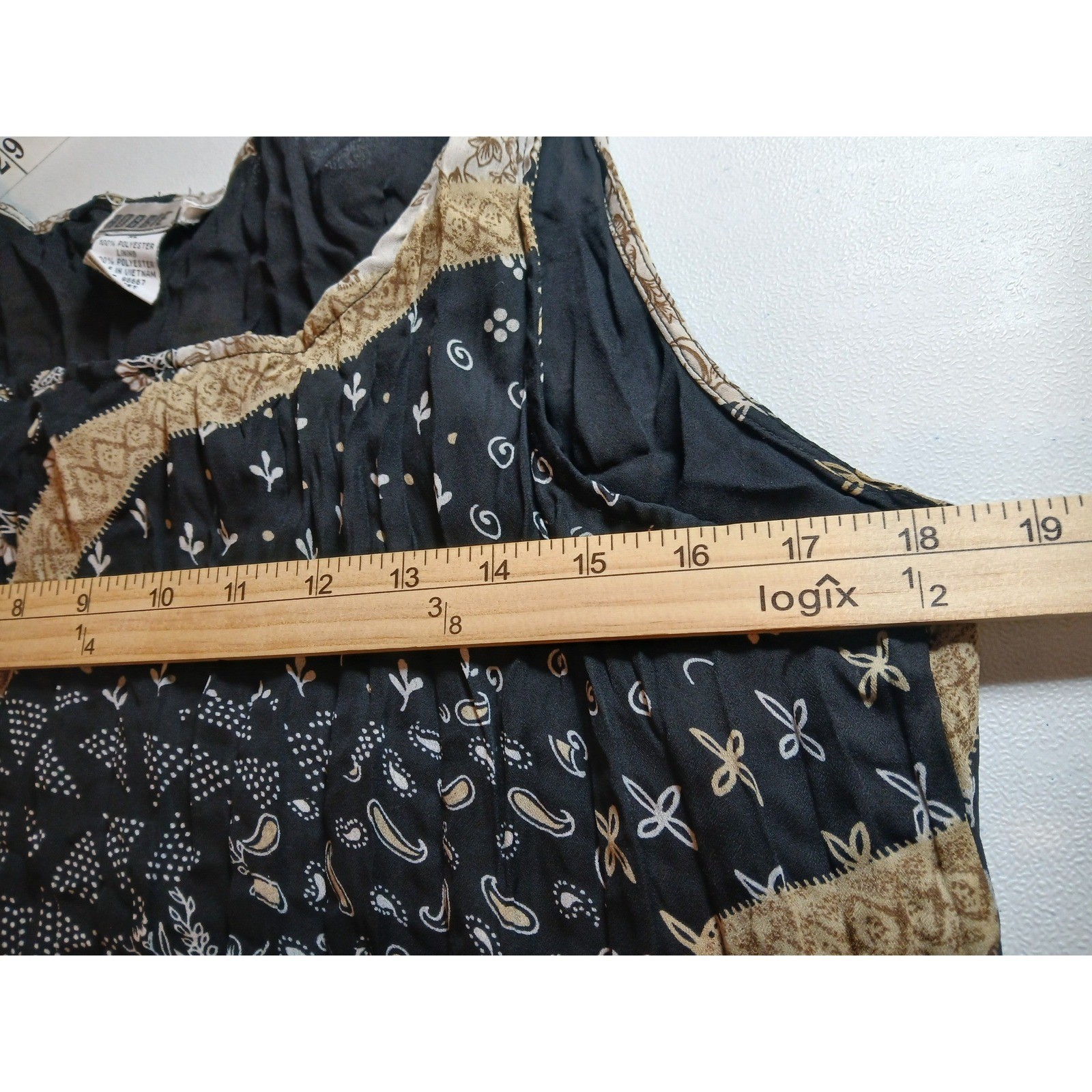 VTG XL Sleeveless Crinkle Patchwork Maxi Dress Black Tan Paisley Floral Boho