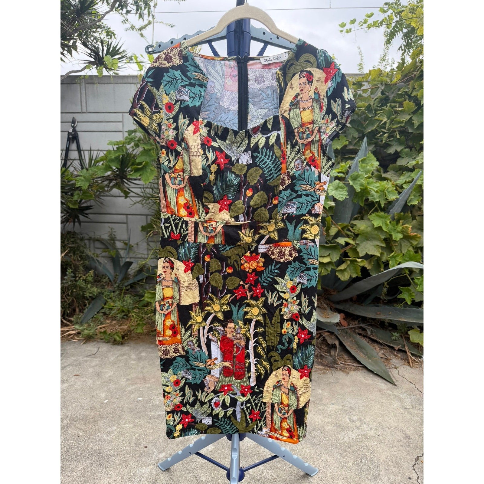 Retro 50’s Bodycon Sheath Dress Large Frida Kahlo Botanical Print Grace Karin