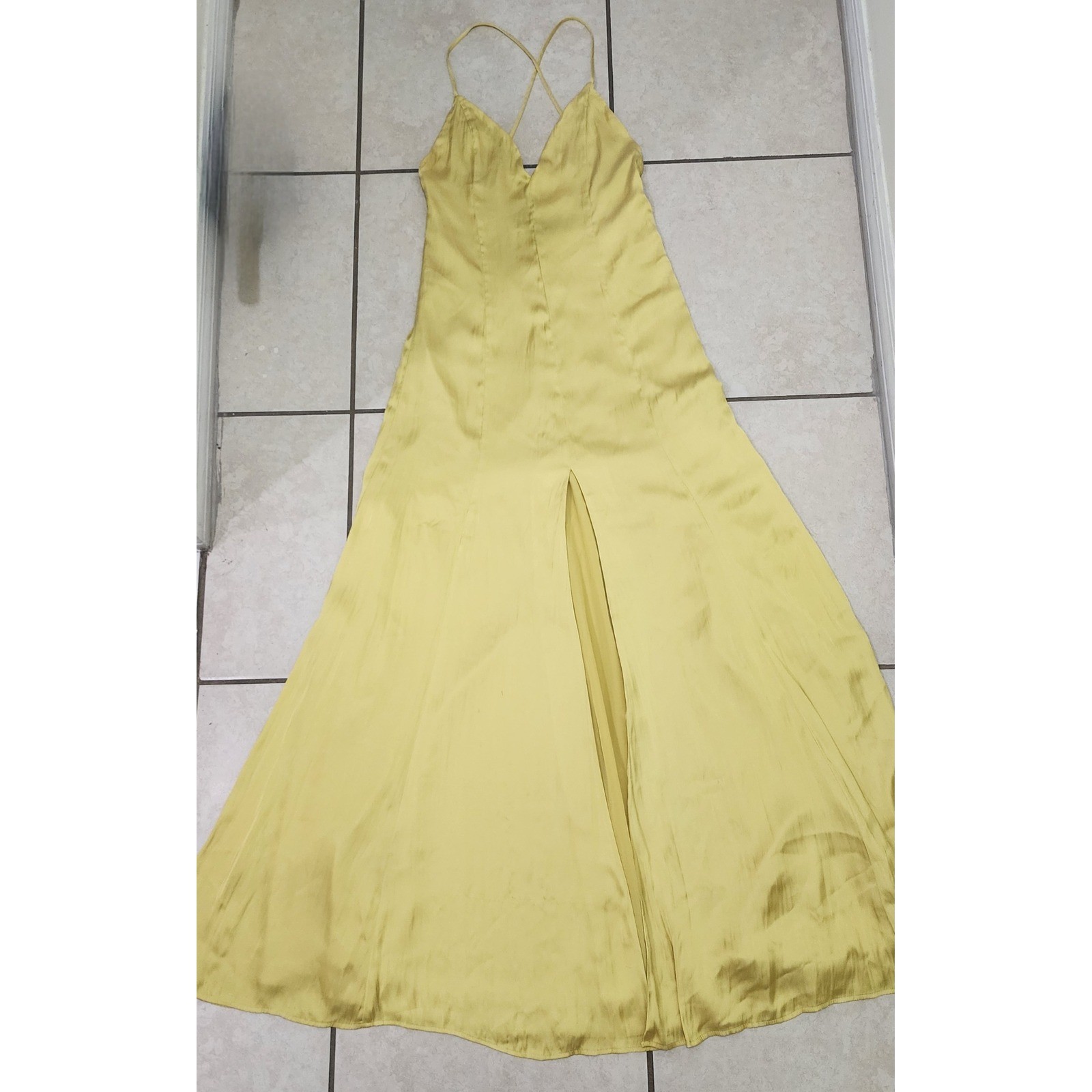Lovers and Friends Yellow Satin Maxi Dress V-Neck Slit Open Back NWT Size S
