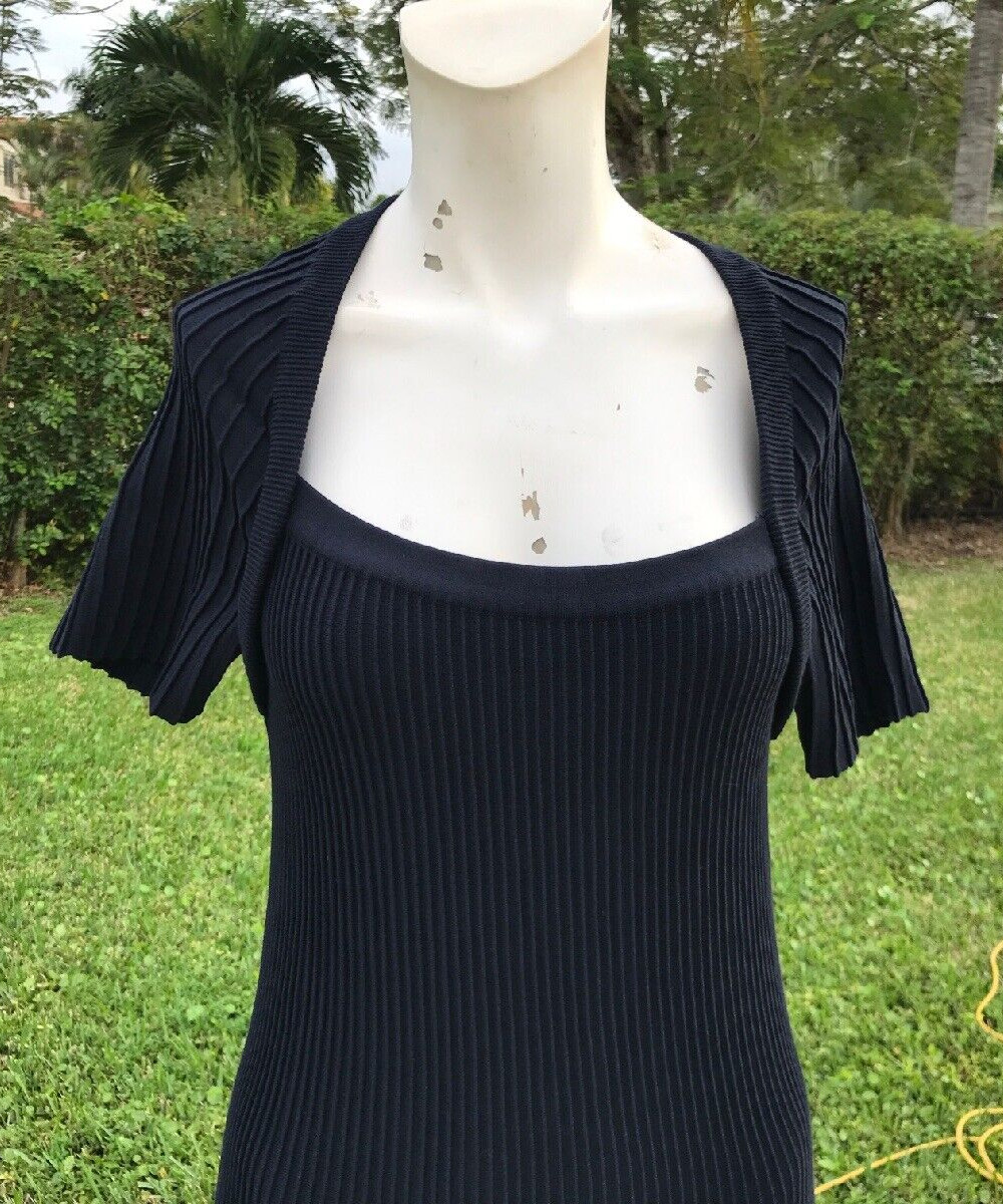 ESCADA NAVY BLUE SHORT SLEEVE KNIT FLARE BOTTOM DRESS GR Sz 38 MADE IN ITALY