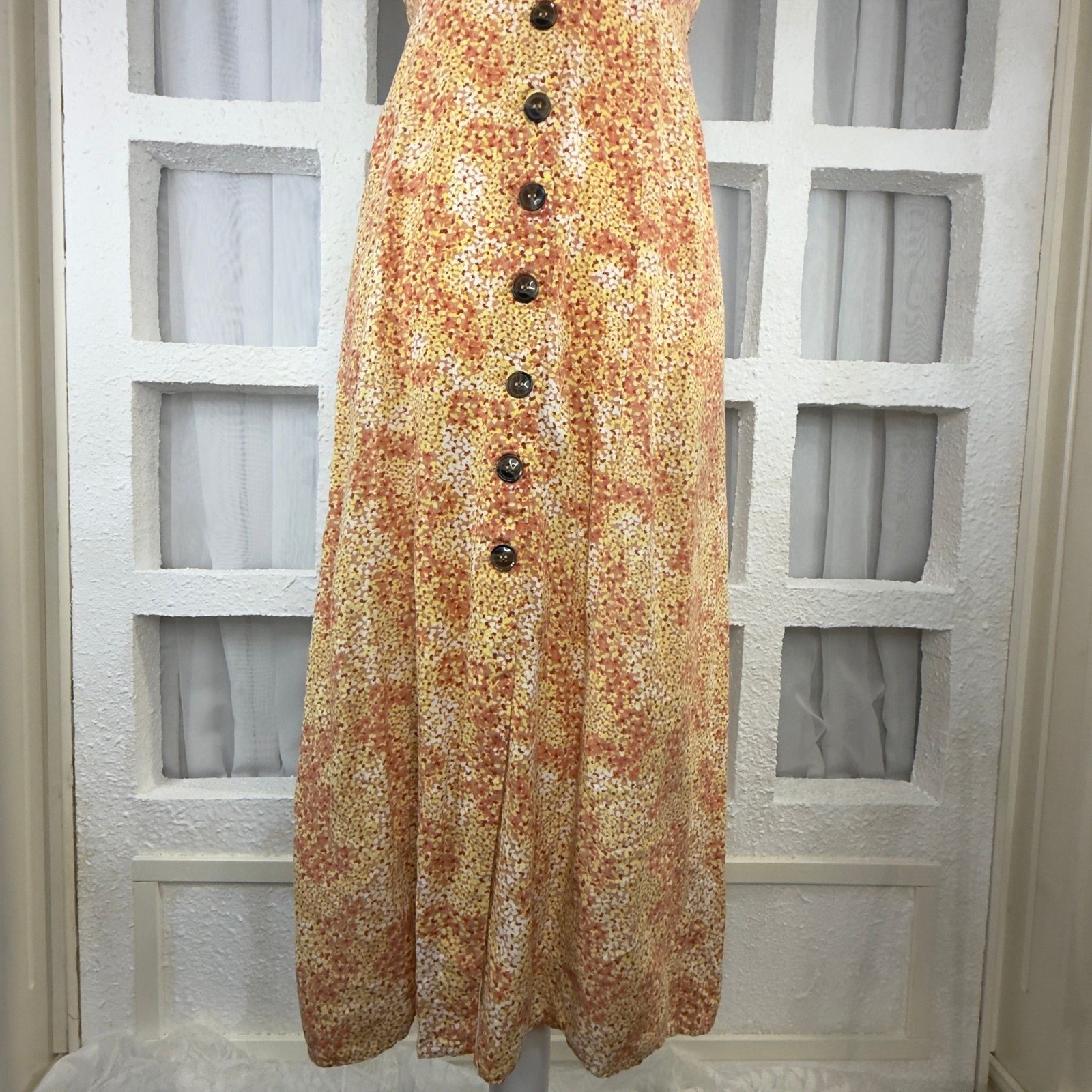 Yellow Orange Floral Button Down Midi Dress Smocked Back Sleeveless Square Neck