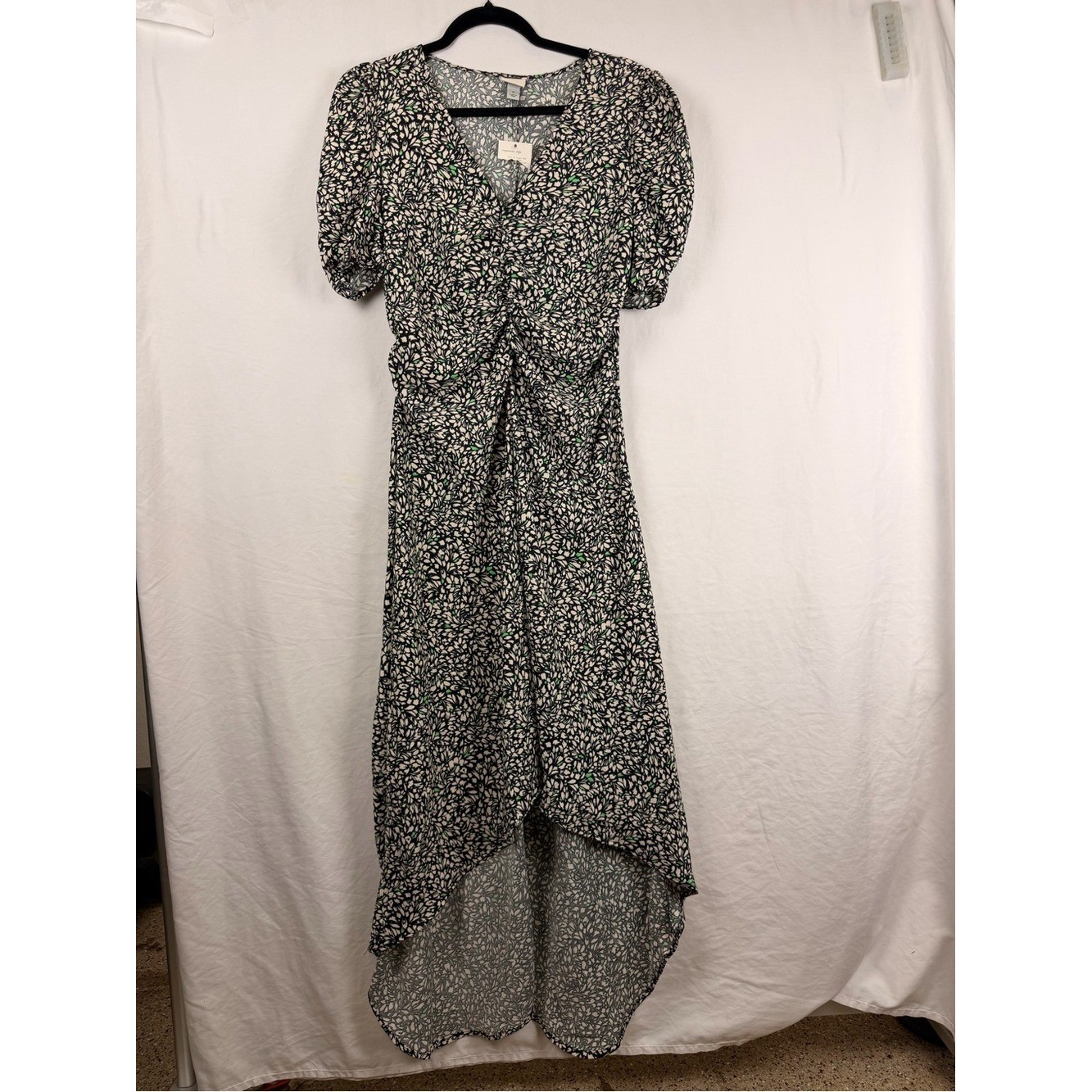 a new day Black Floral High-Low Midi Dress with Puff Sleeves Sz M