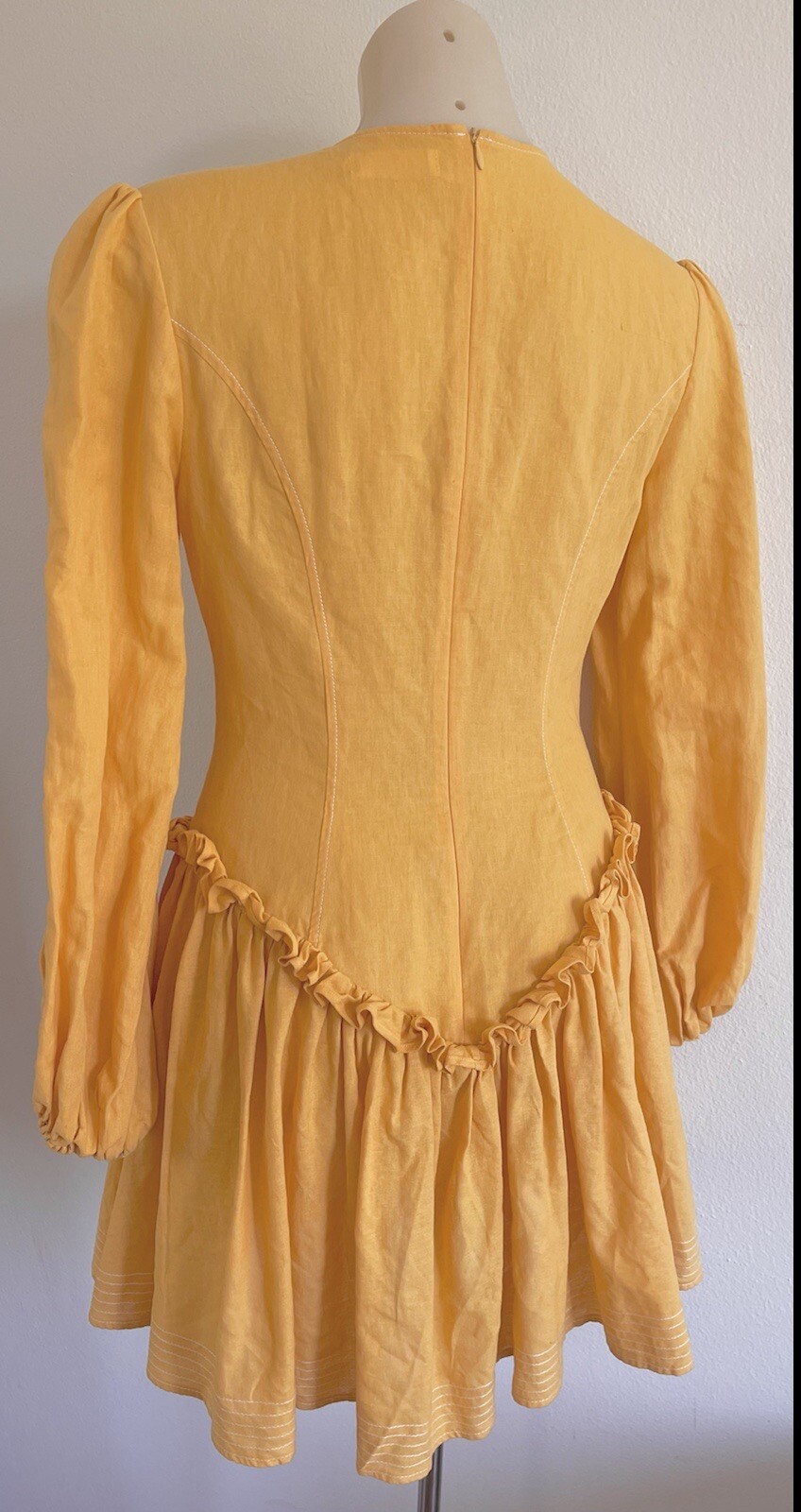 LEO LIN Mini Dress Yellow Pastel Orange Cotton Linen balloon Sleeves SZ AU 10 M