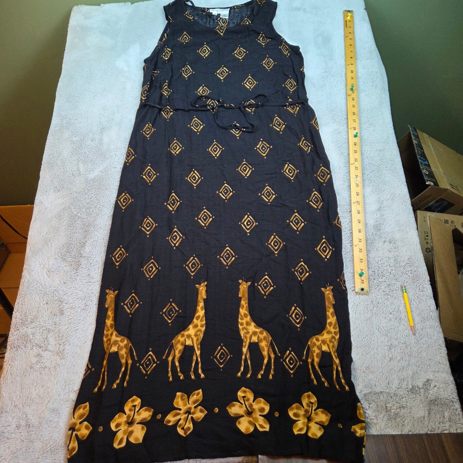 VTG Betsy Lauren Maxi Dress Women 16P Giraffe Hibiscus Print Sleeveless Blk Gold