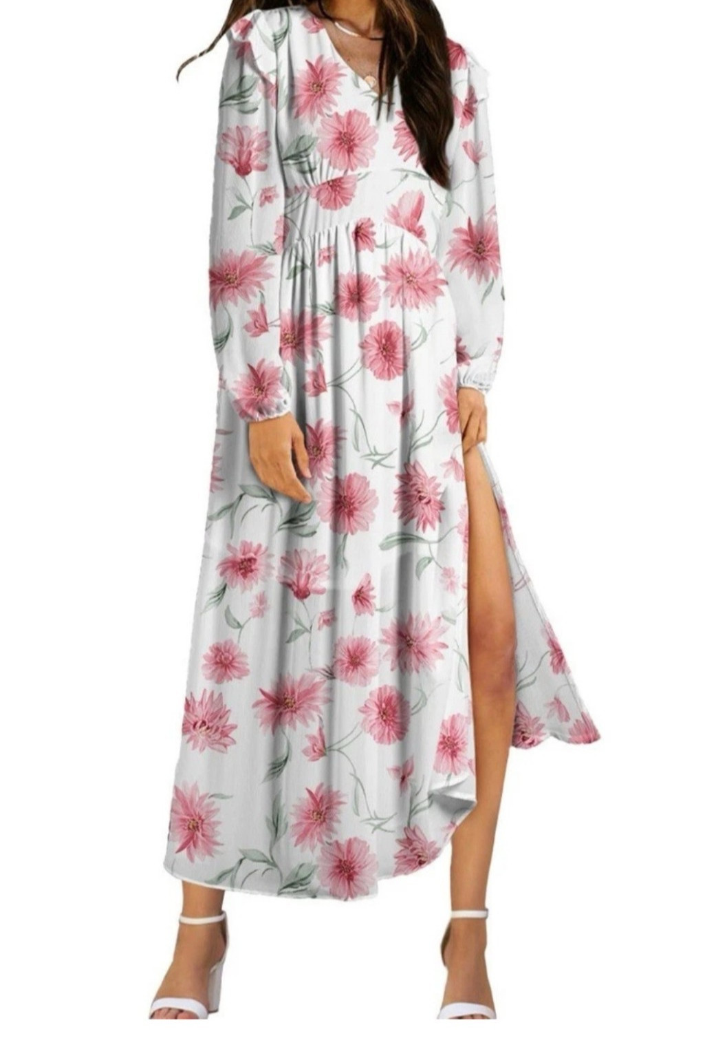 Blencot Women’s Boho Floral Ruffle Dress – Casual V-Neck Crepe Summer Dress (S)