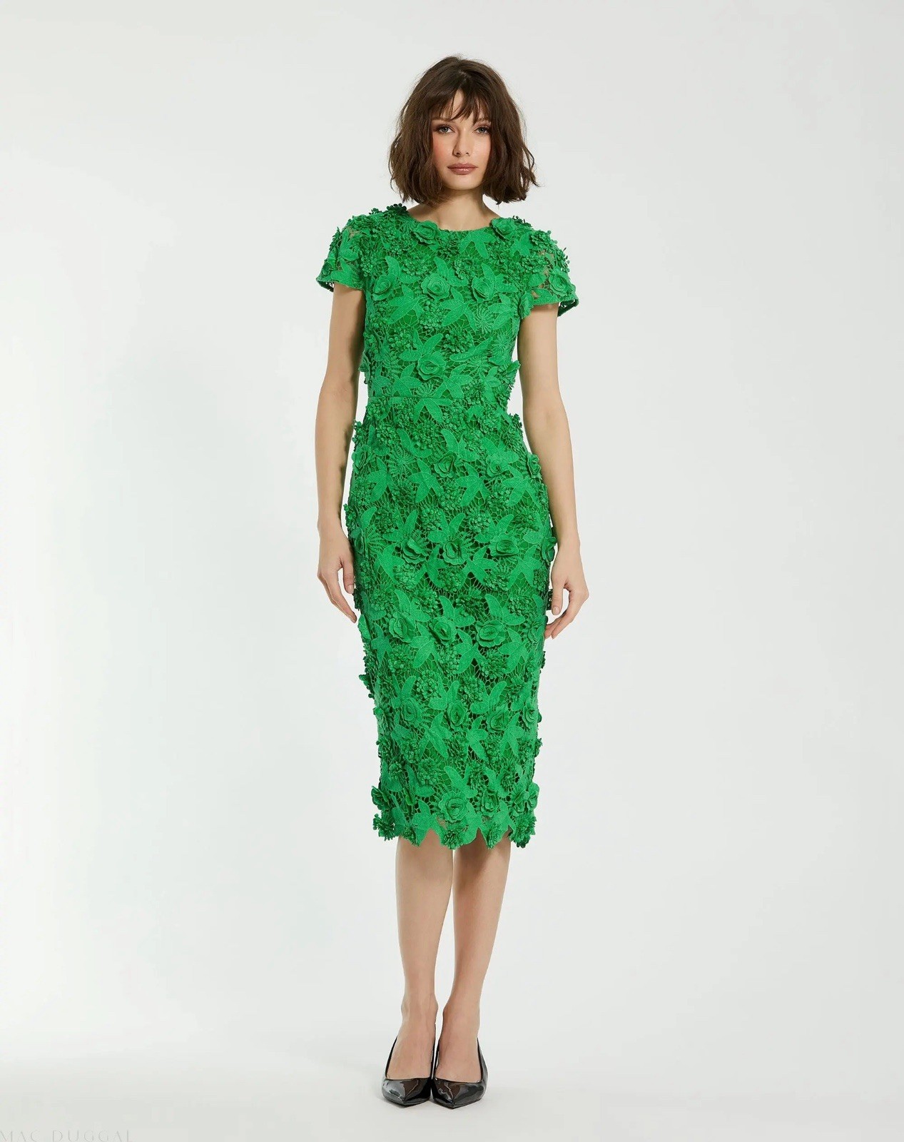 MAC DUGGAL Green Floral Lace Fitted Short Sleeve Dress size 2 New With Tags!