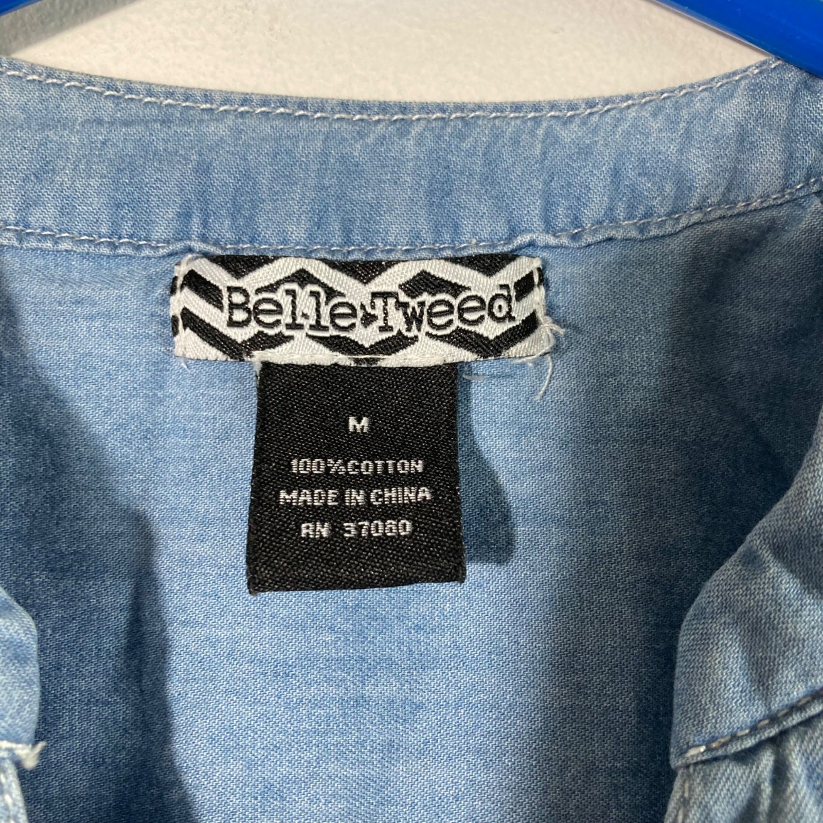 Womens Belle Tweed Chambray Denim Dress Peplum Long Sleeve M Blue Cotton Button