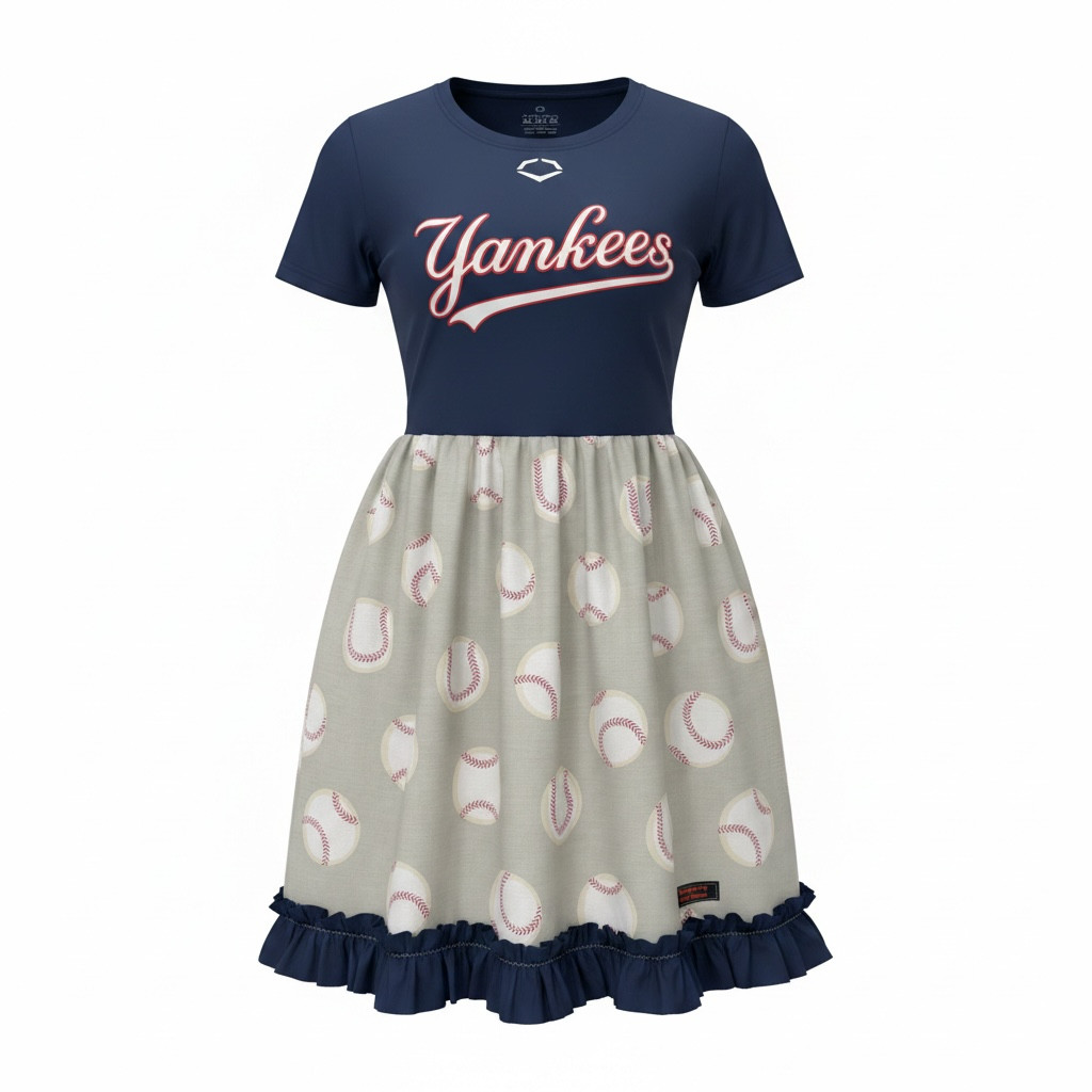 NY Yankees Upcycled Dress Womens XL Baseball OOAK Ruffle by Velvet Familiar
