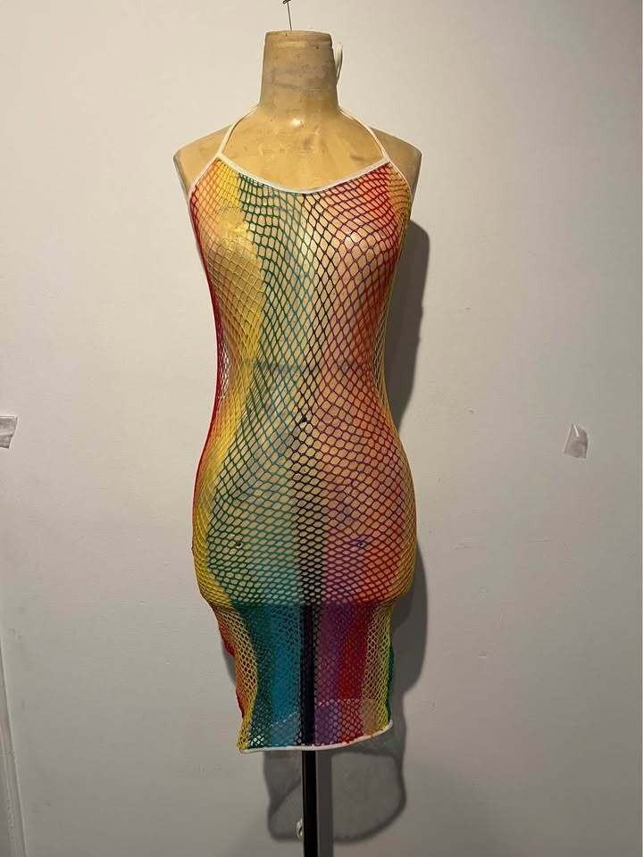 Rainbow Fishnet Halter Mini Dress