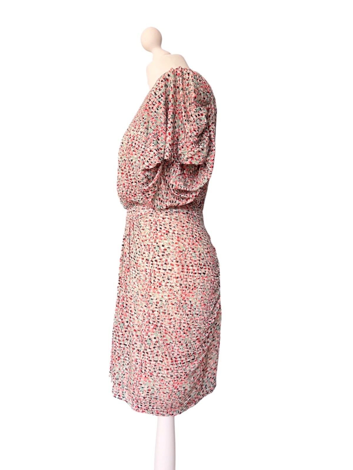Saloni Silk Draped Dress UK 10 US 6 Multicolour Print Batwing Open Back Midi