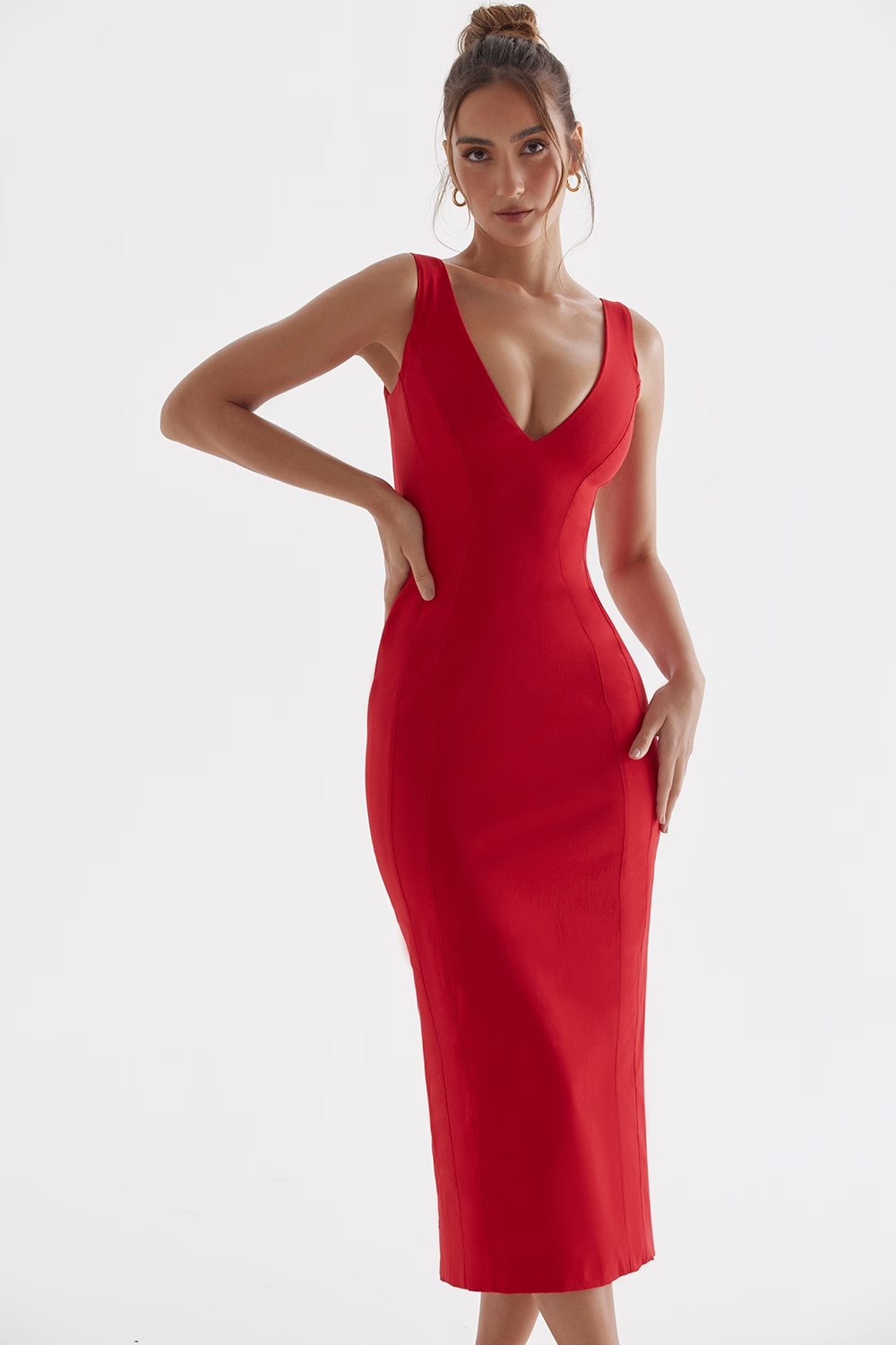 NEW, House Of CB Red Rose Plunge Maxi Dress in Sz L #MD1991