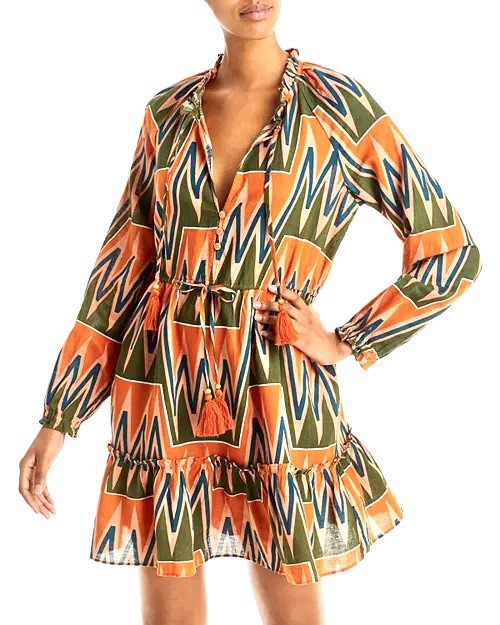 VERONICA BEARD Danica Printed Mini Dress Linen Blend Tassel Tie Orange Green S