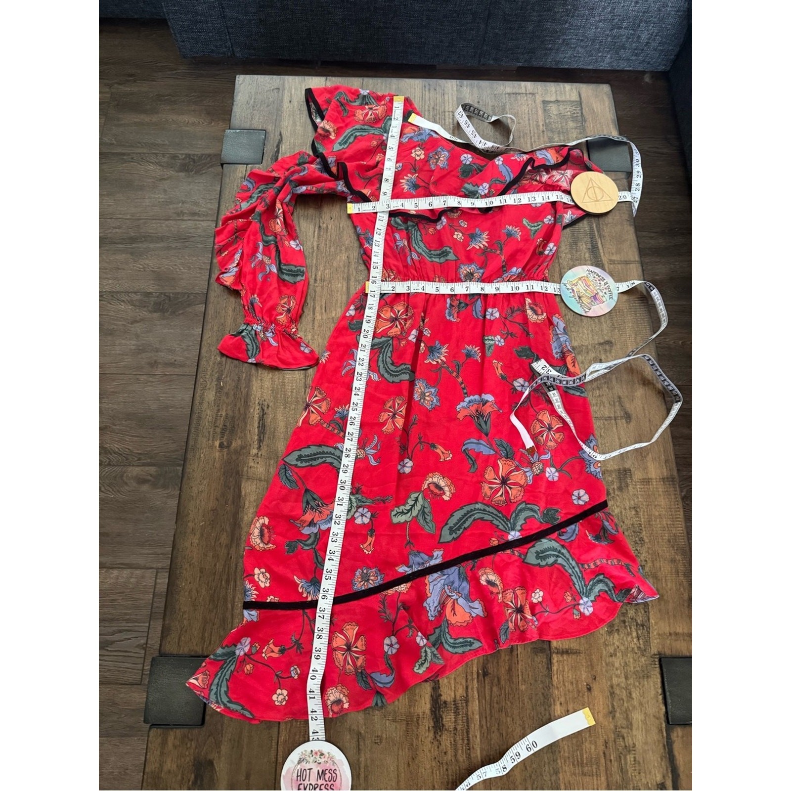 Love Sam Red Floral One Shoulder Asymmetrical Ruffle Dress XS Boho Viscose
