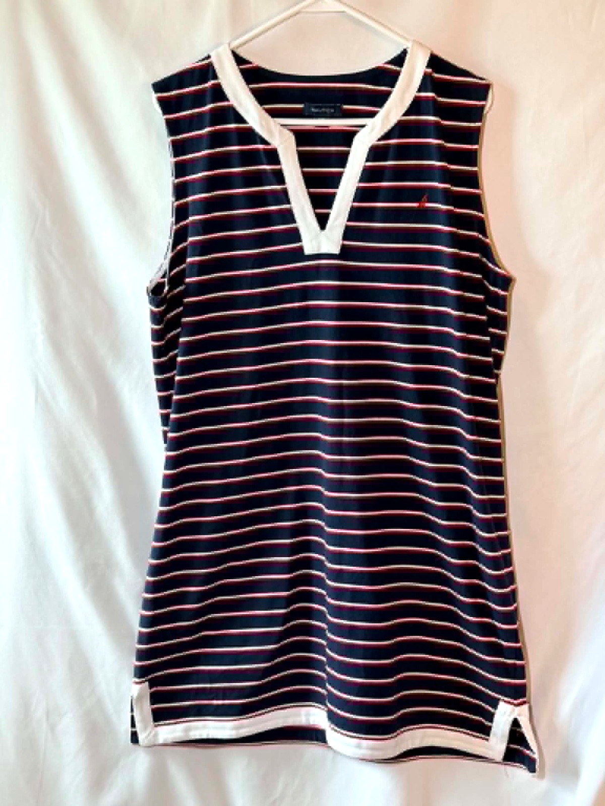 Nautica Womens Breton Stripes Blue White Sleeveless Split V-Neck Shift Dress XXL