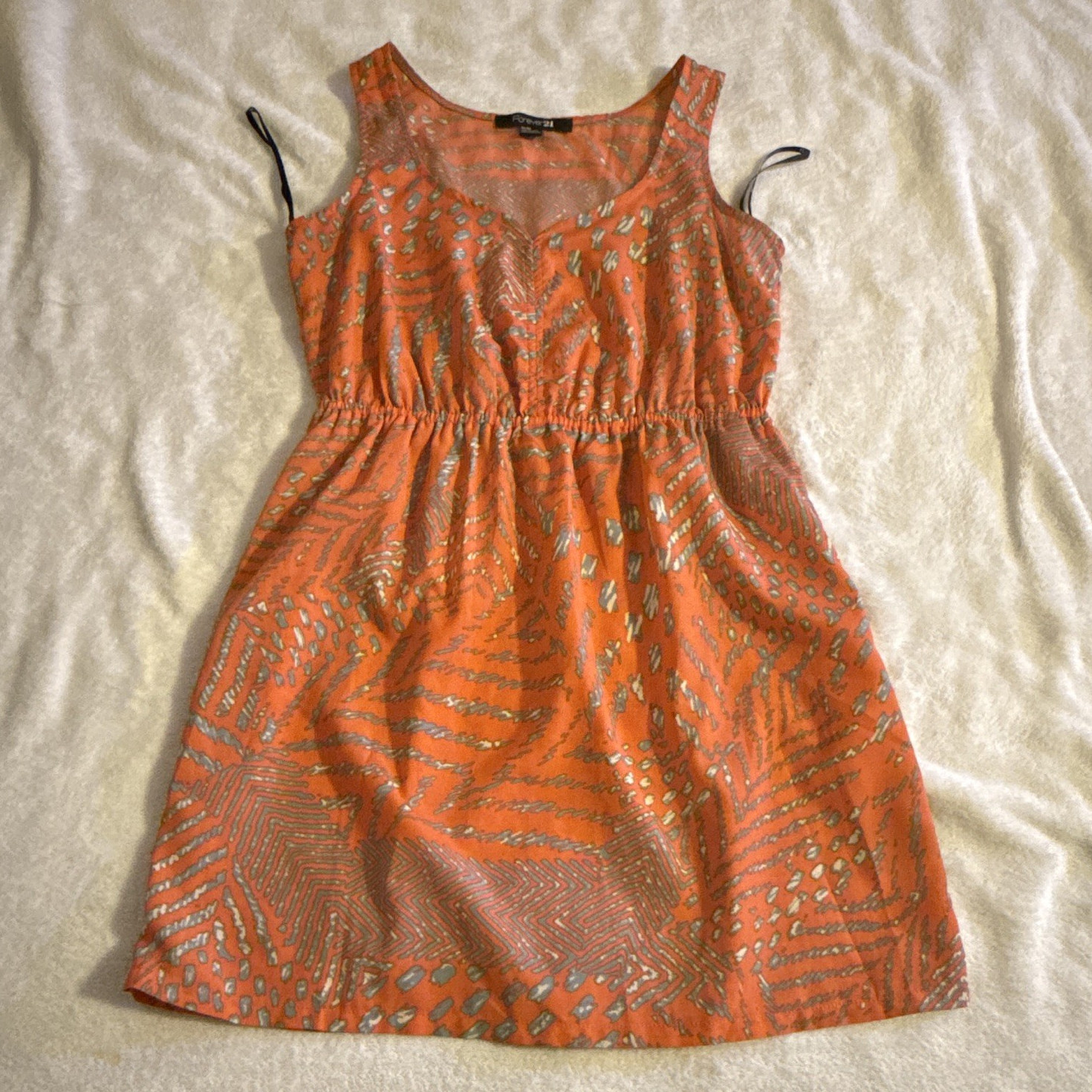 Forever 21 Abstract Orange/Blue A-Line Neck Strappy Chiffon Dress Medium