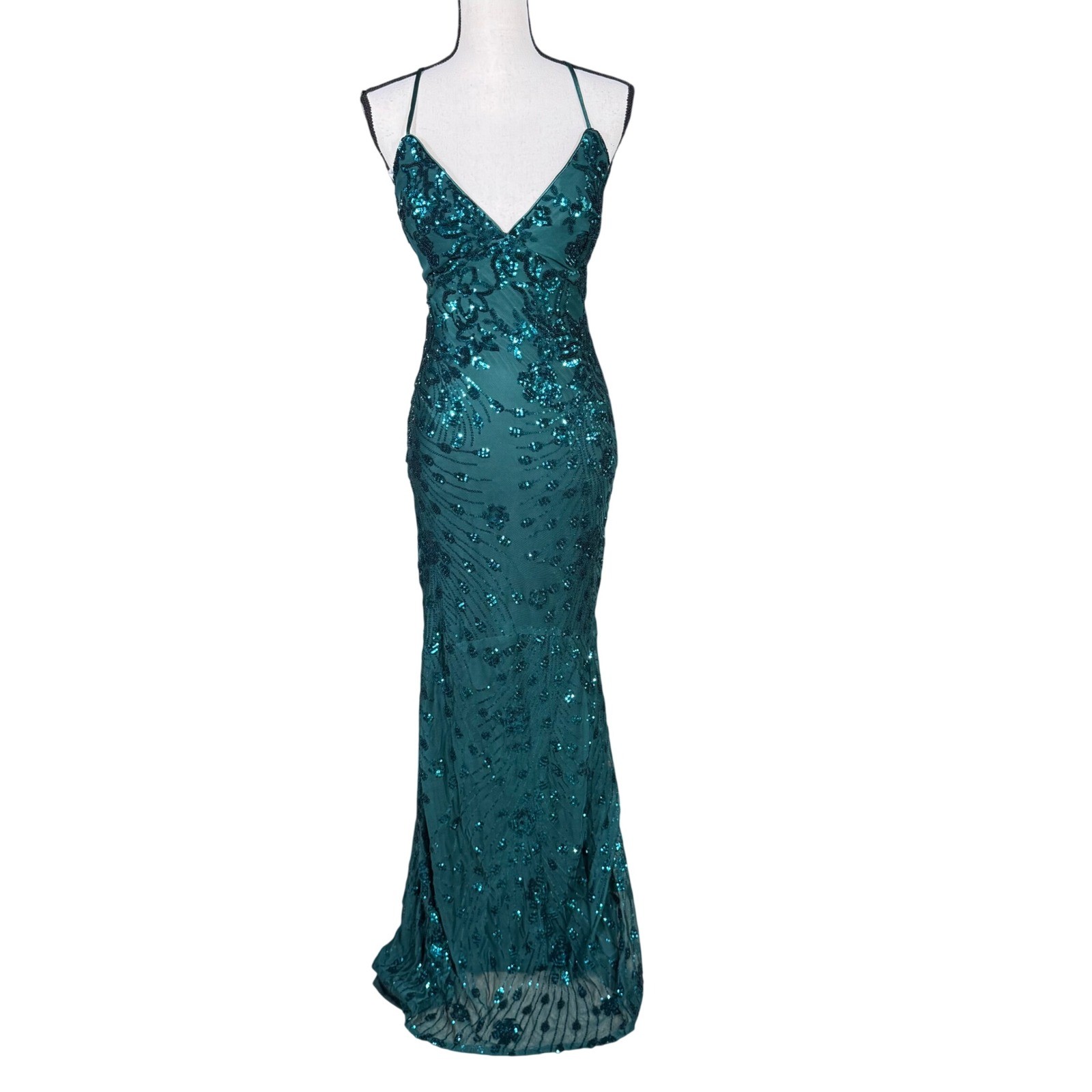 Lulus Emerald Green Sequin Lace-Up Maxi Dress Mermaid Formal Gown NWT