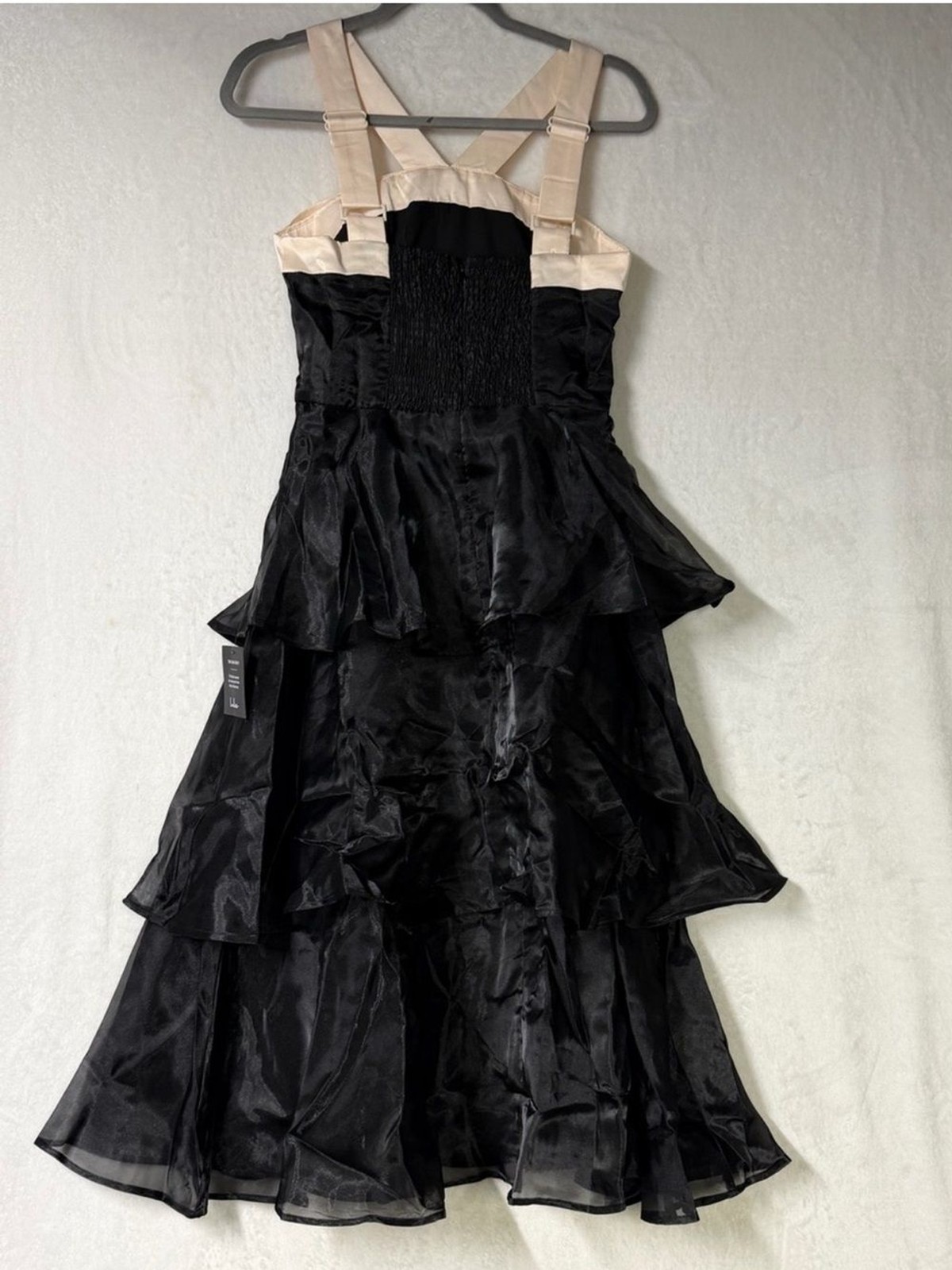 Lulus Black Cream Organza Tiered Midi Dress Satin Bow Formal Prom Gown Sz S NWT