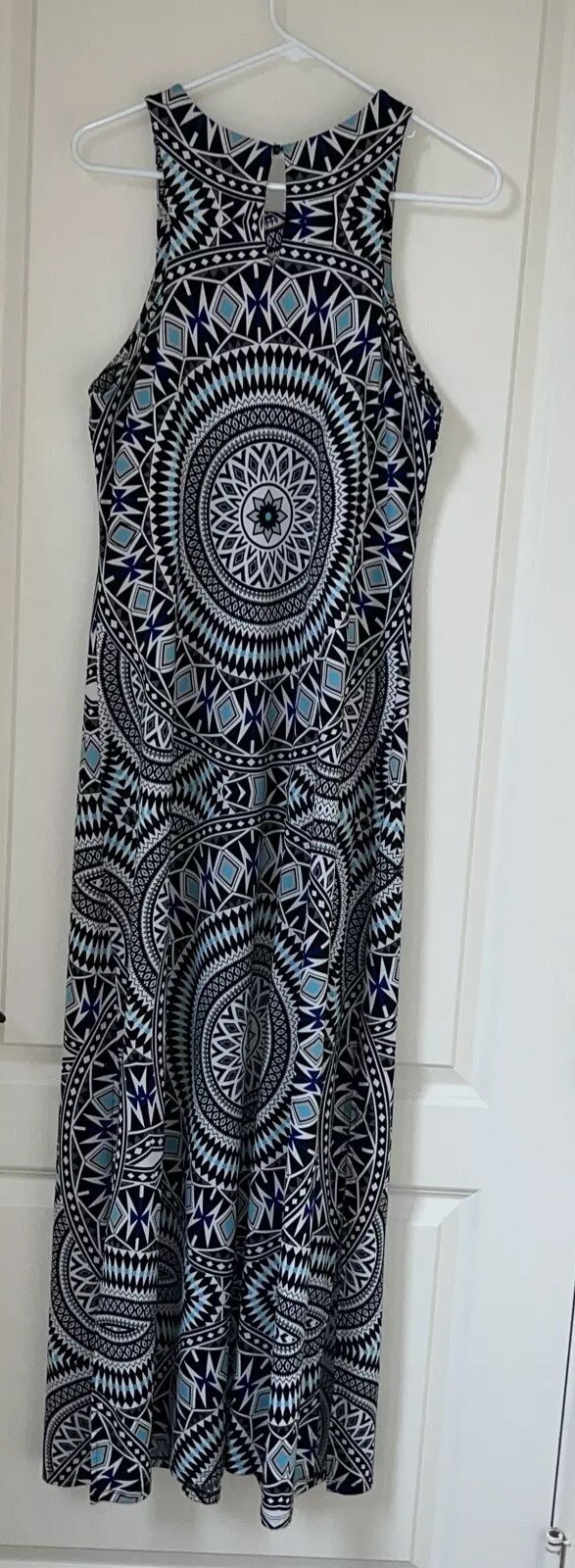 INC International Concepts Geomagnetic Sleeveless Maxi Dress Blue White Black L