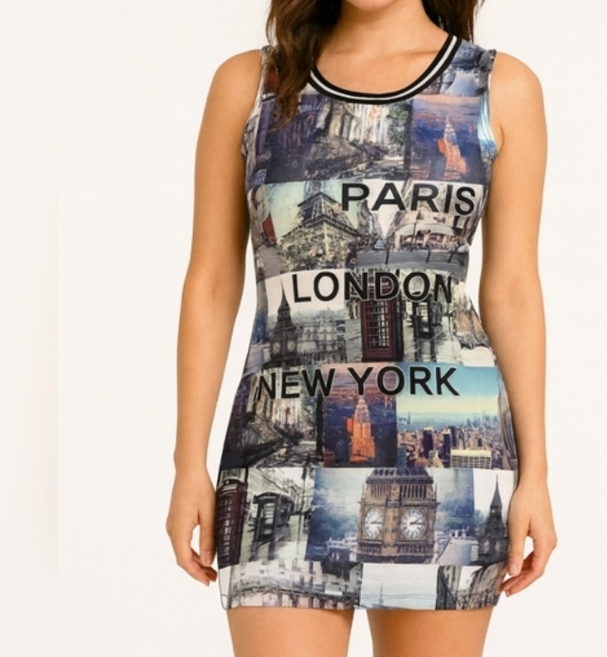 Sleeveless Bodycon Mini Dress Juniors Size L Cites Pop Art Graphic Print Casual