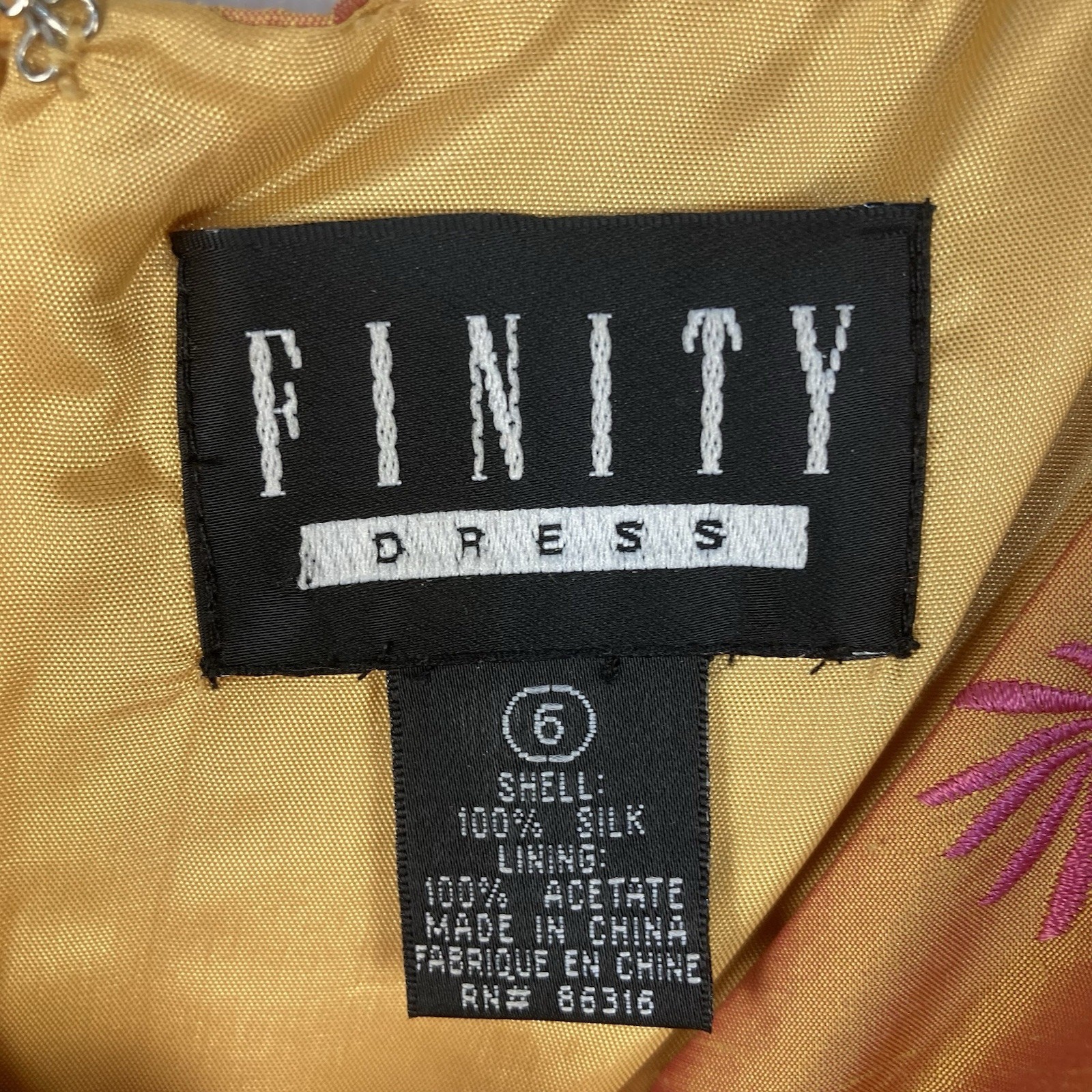 Finity Dress Womens 6 Orange Pink Midi Silk Embroidered Empire Waist Summer Y2K