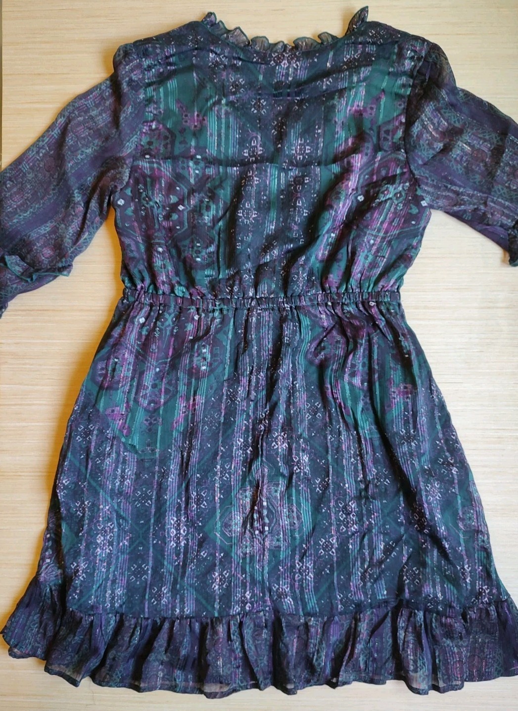 Frye Knee Length Dress Ruffle Buttons Lurex Green Purple Floral Size M Women’s