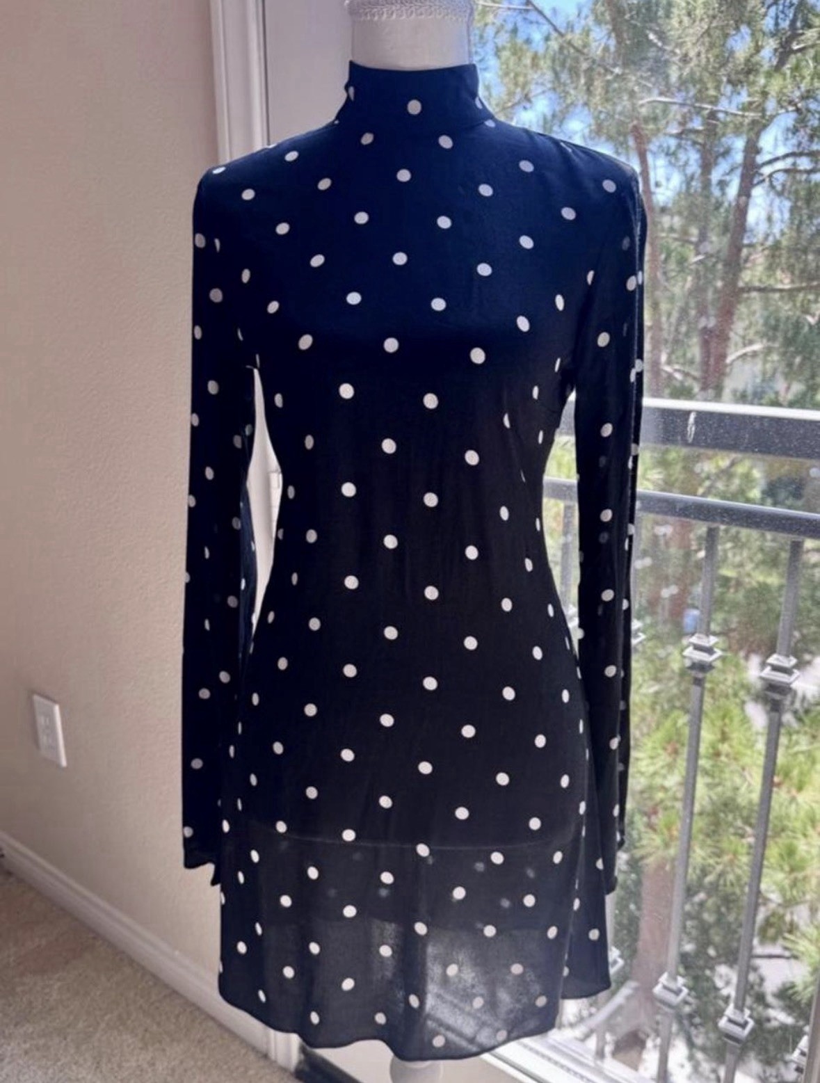 H&M Navy/White Polka Dot High Neck Open Back Tie Fit & Flare Dress XS
