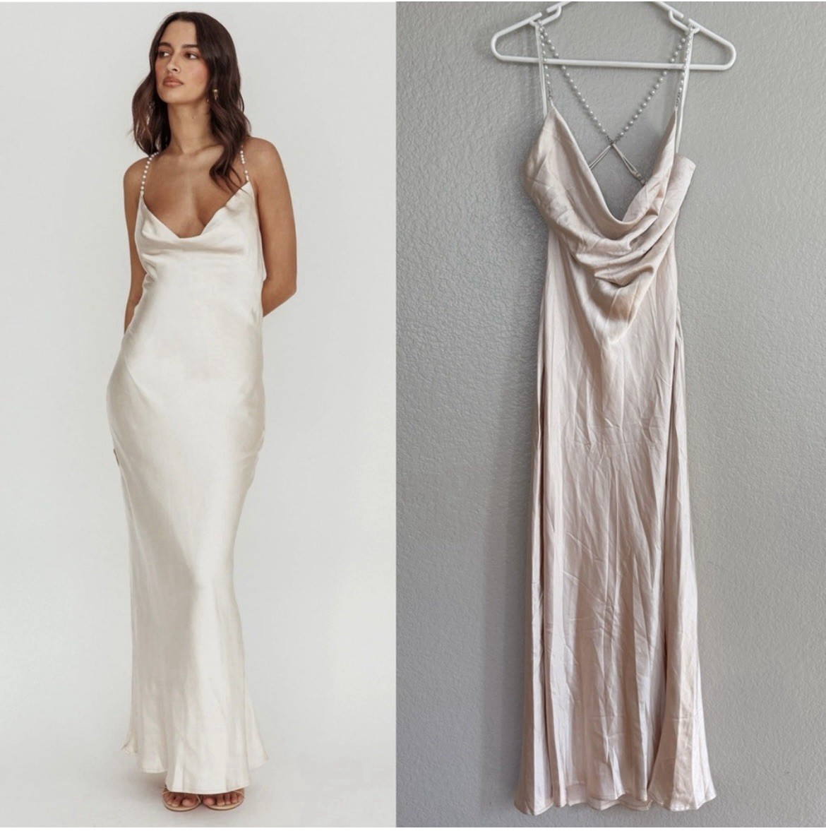 Selfie Leslie Satin Cowl Maxi Dress in Champagne