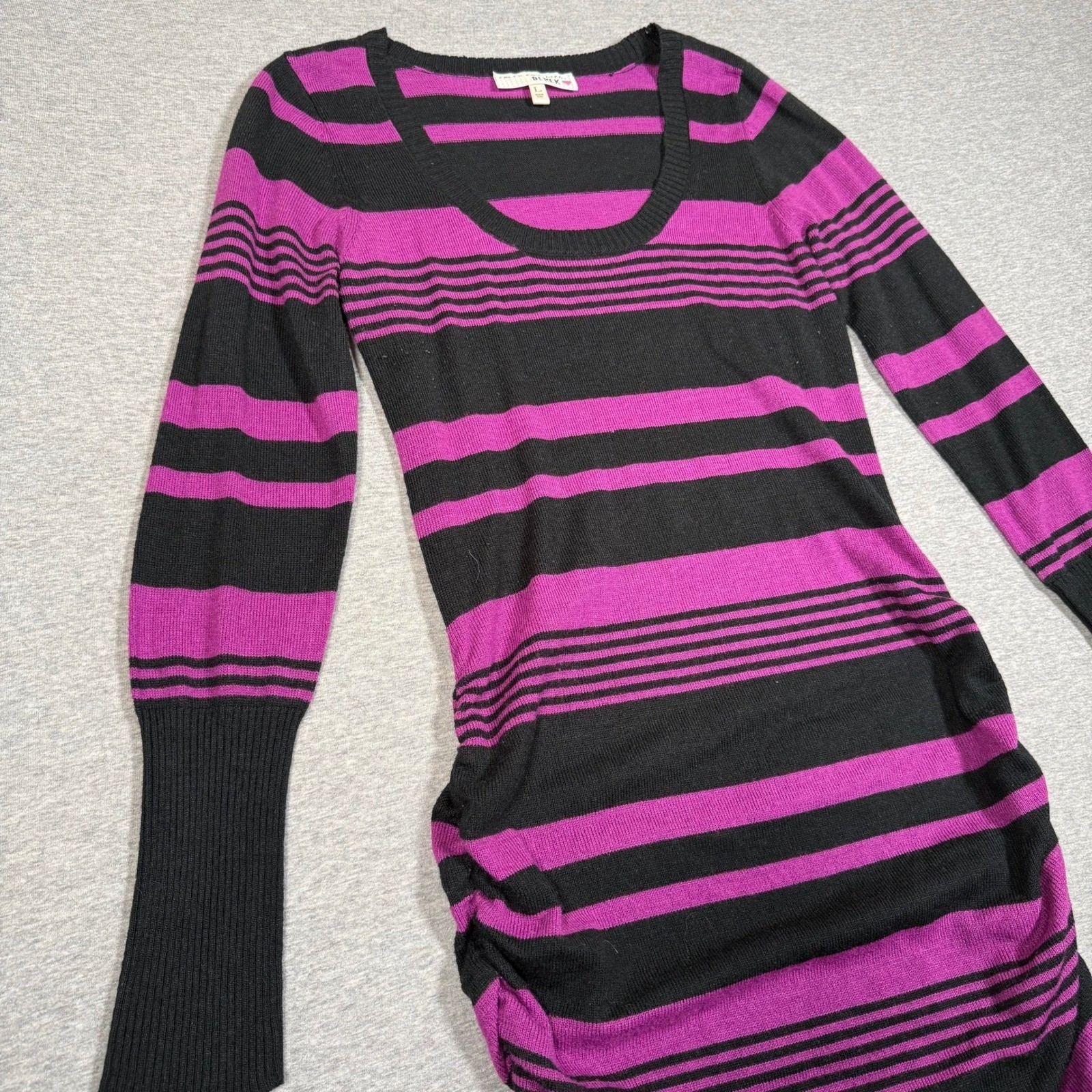 Derek Heart Im In Love Purple Black Striped Ruched Long Sleeve Sweater Dress L