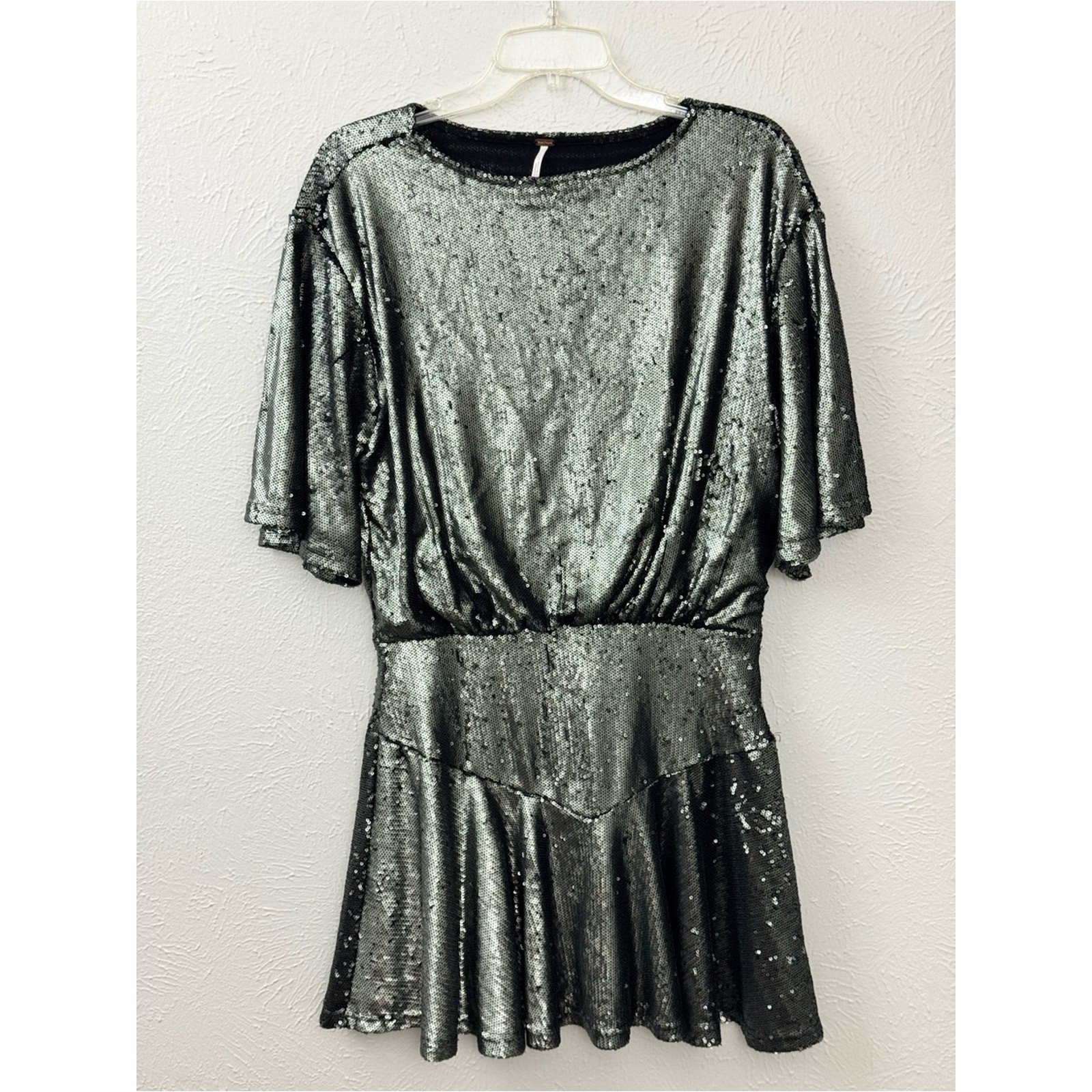 Free People Sequin Mini Dress Size Medium Silver Black Batwing Flawed AS-IS