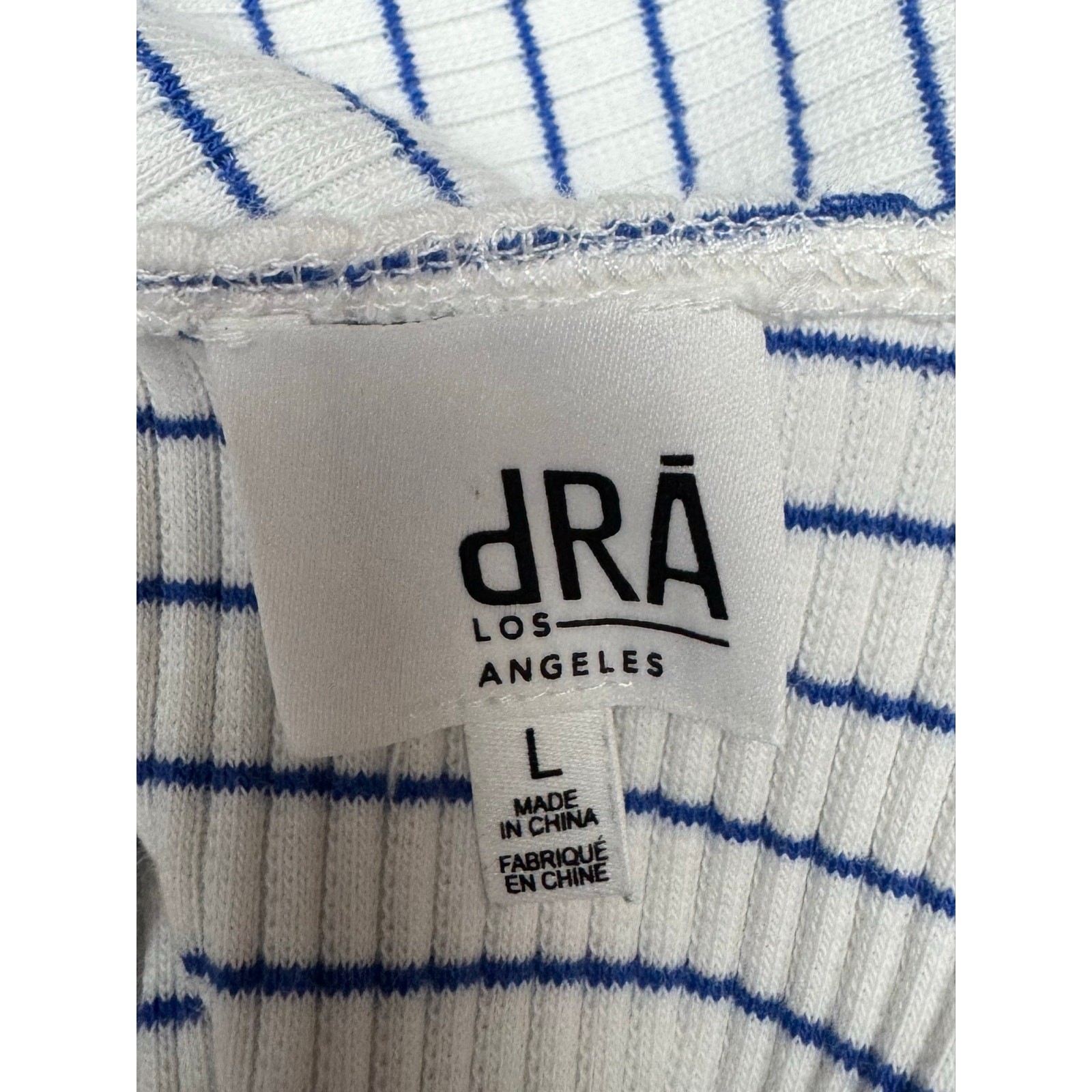 dRA Los Angeles Striped Rib Knit Midi Dress Large L Blue White Pockets Coastal