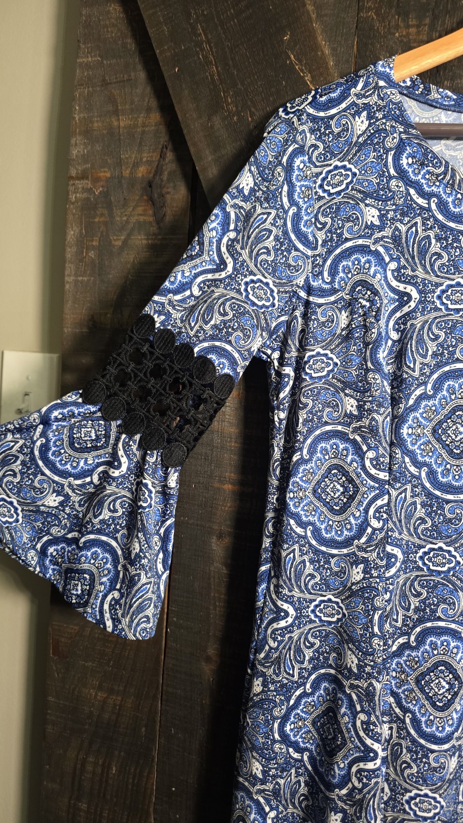NY Collection BLUE/WHITE/BLACK Dress FLARED Crochet 3/4 Sleeve Sz Small