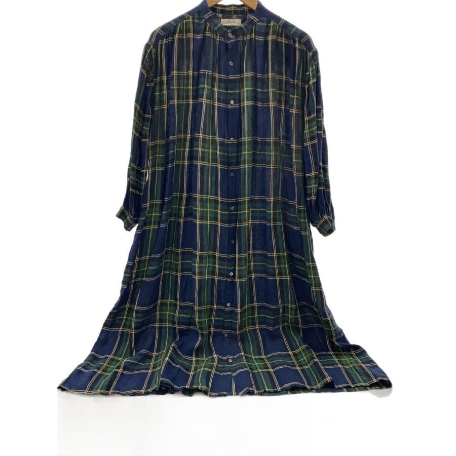 ICHI Antiquites Green Tartan Check Linen Gauze Gathered Dress Women M 120cm