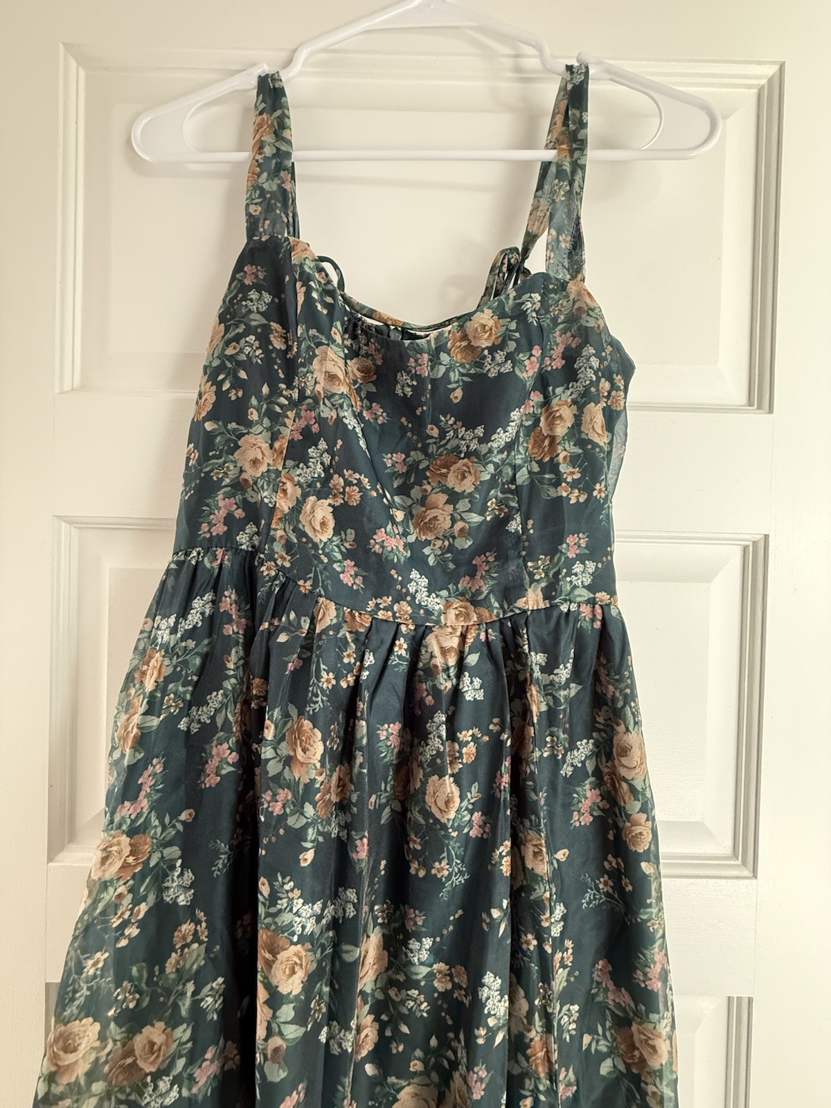 Lulus Green Floral Square Neck Smocked Tie Strap Midi Dress Women’s M