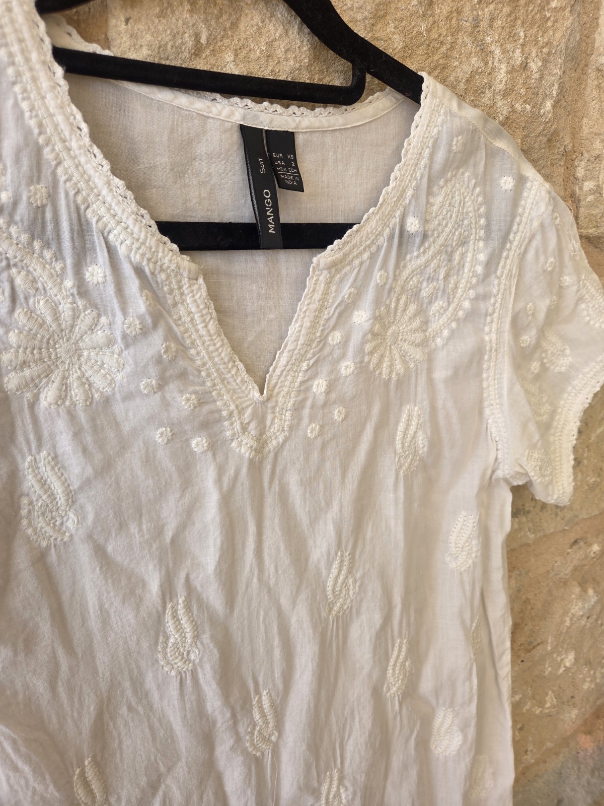 Mango White Cotton Embroidered V-Neck Tunic Dress
