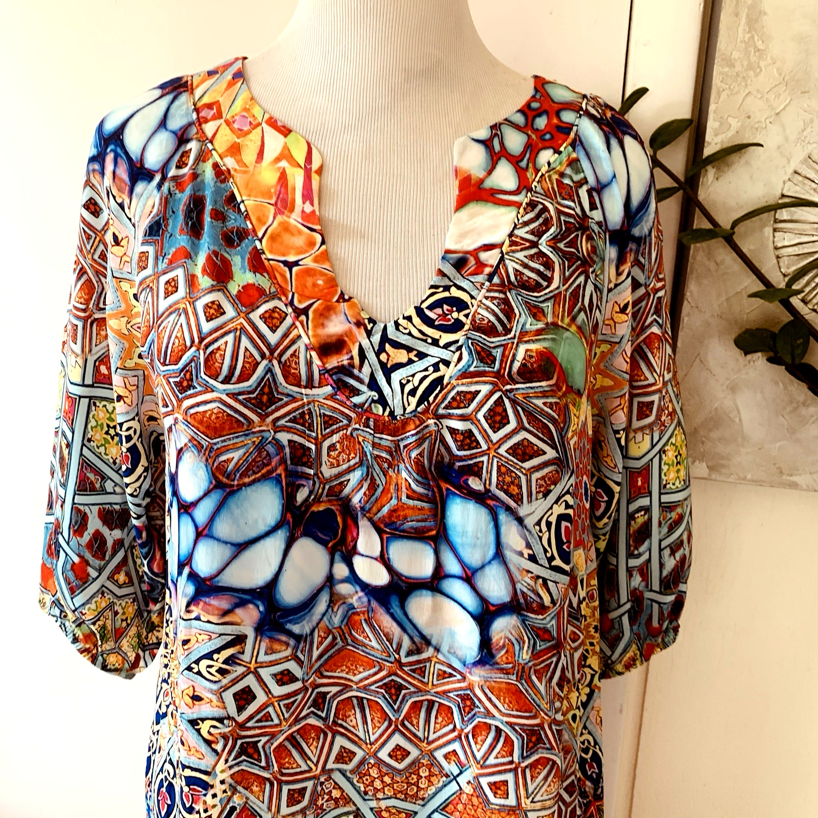 True Colours by La Moda Multi Color Mosaic Boho Silk Dress Size S/M