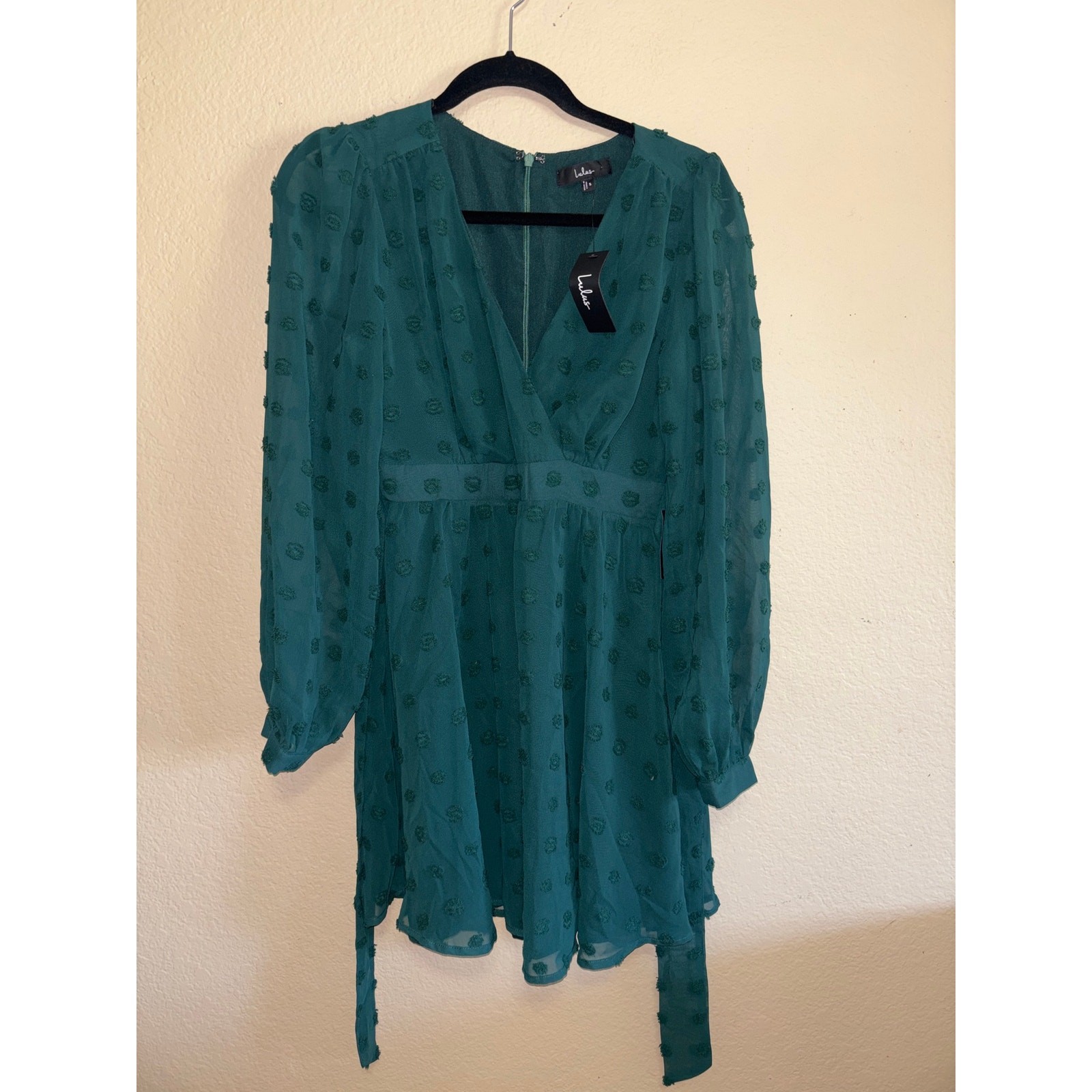 Lulus NWT Emerald Green Swiss Dot Chiffon Faux Wrap Mini Dress