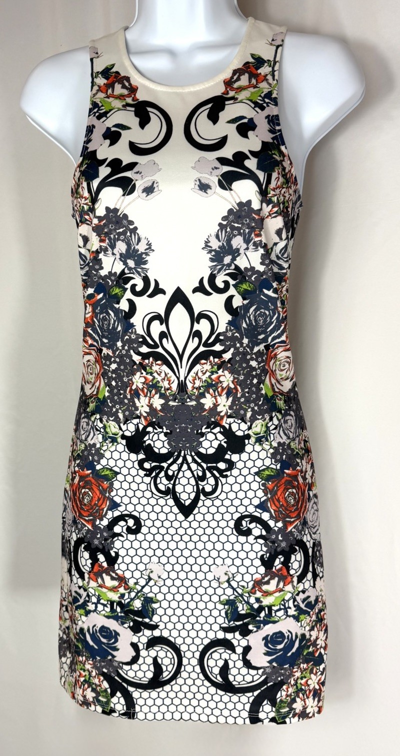 FLYING TOMATO LA Boho Mini Shift Summer Dress White Floral Colorful Sleeveless S