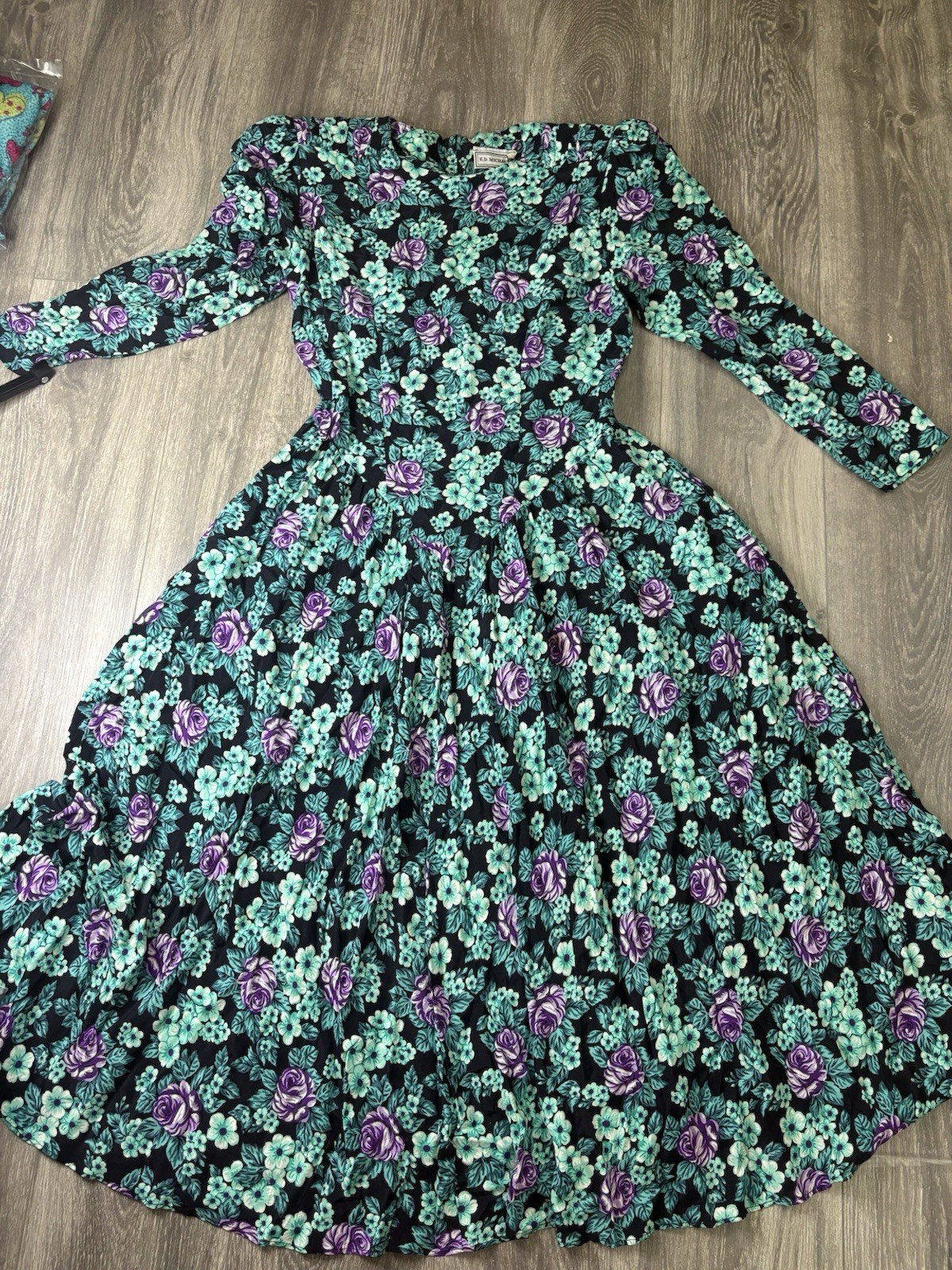 E.D. Michaels Women’s 11/12 Black Purple Green Floral Fit & Flare Midi Dress