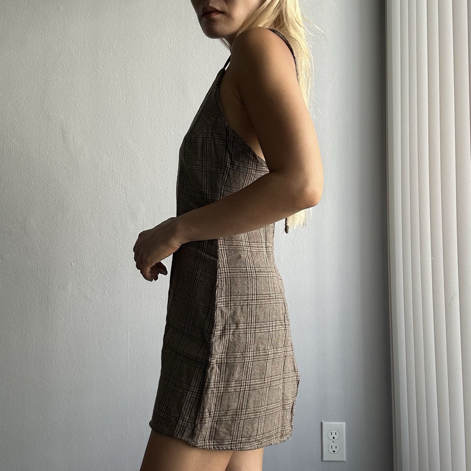 PurrrMelrose Wool V Neck Plaid Patterned Tie Back Mini Slip Dress in Brown