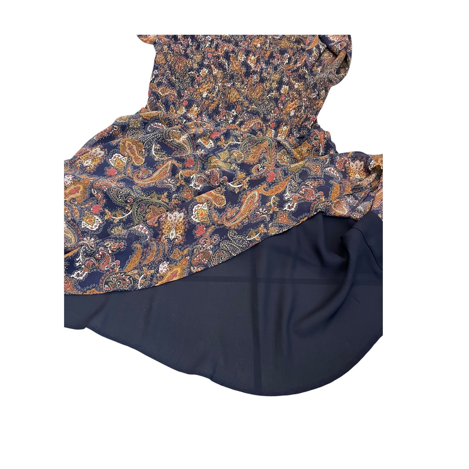 Sun & Shadow Smocked Paisley Long Sleeve Mock Neck Mini Dress