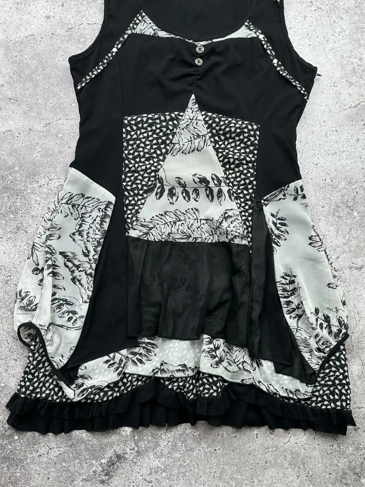 Y2K Patchwork Sleeveless Dress Asymmetrical Ruffle Hem Boho Top Women’s Size M
