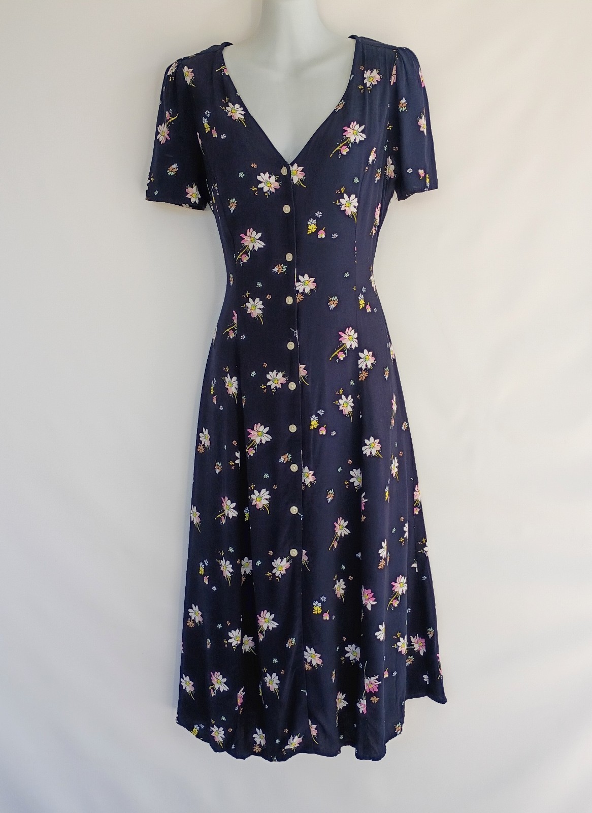 Vintage 90s GAP Button Front Navy Blue Floral Daisy Midi Dress Whimsigoth XS 2