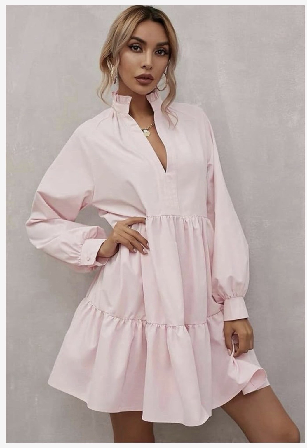 pink Dress Elegant Frilled Stand Collar Long Sleeve Ruffle Dress spring fall M