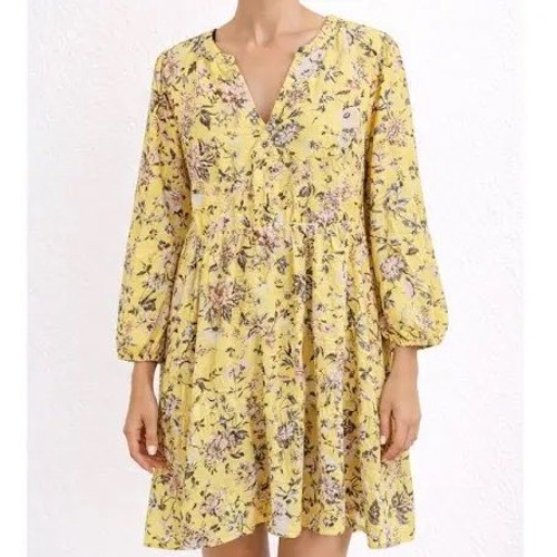 Frye and Co Womens Yellow Floral V-Neck Babydoll Dress Long Sleeve Size M