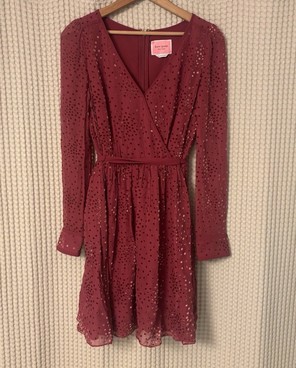 NWT Kate Spade Maroon Festive Confetti Devore Long-Sleeve Mini Dress Size 6