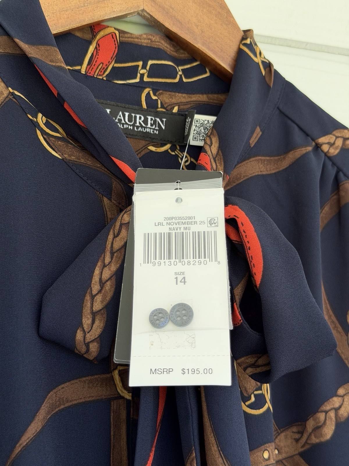Ralph Lauren Georgette Equestrian Chain Print Tie Neck Midi Dress Navy 14 NWT