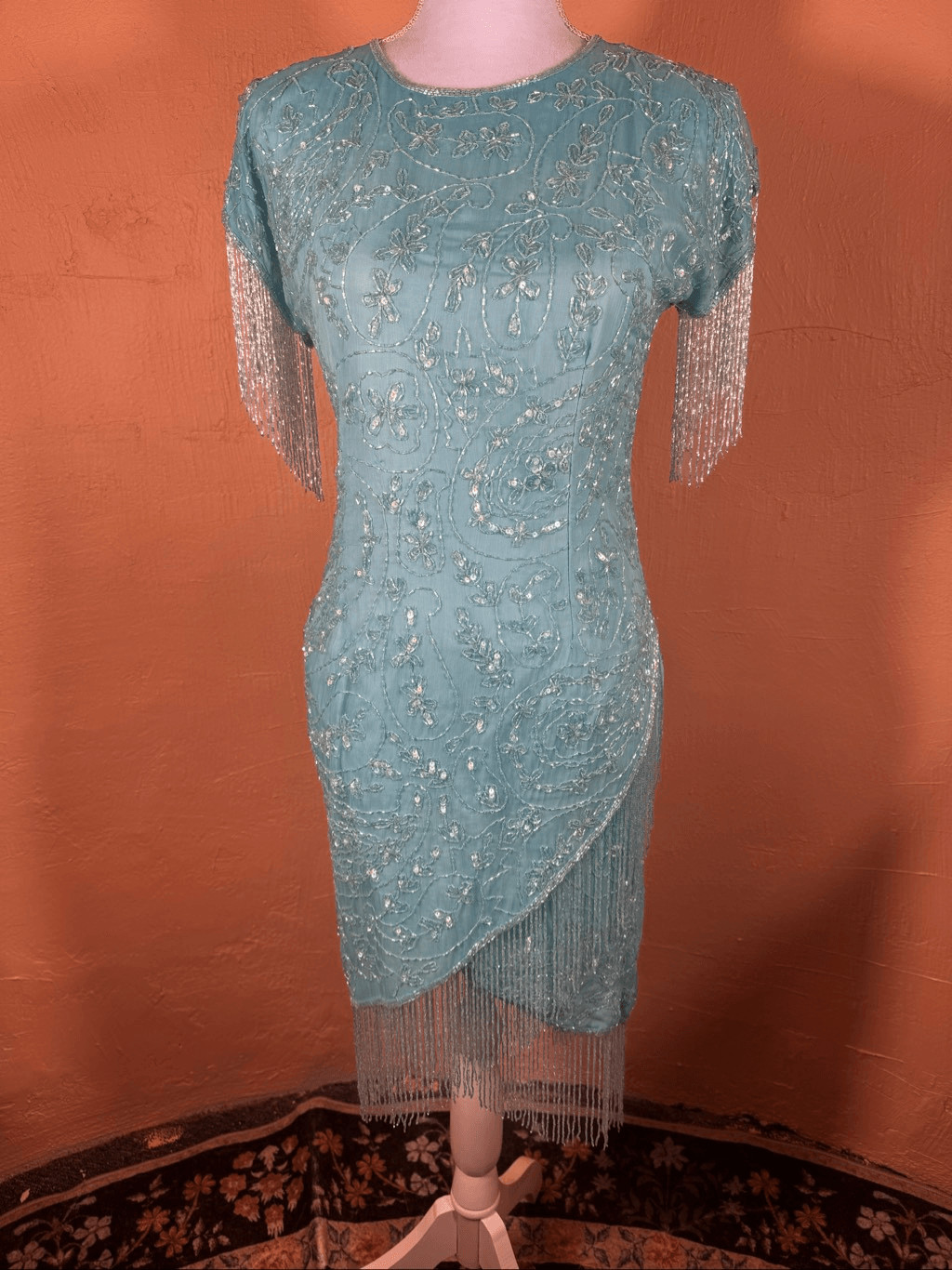 Vintage 1980s Aqua Blue Silk Beaded & Sequin Cocktail Dress Bead Fringe Sleeves