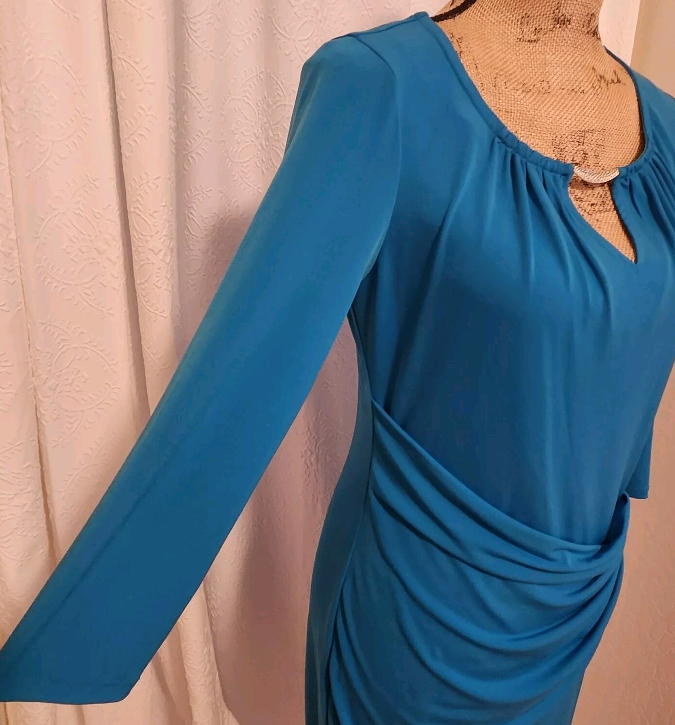 Thalia Sodi Women’s S Teal Blue 3/4 Sleeve Pleated Faux Wrap Buckle Accent Dress