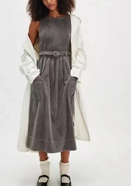 Free People Women’s The Other Side Corduroy Charcoal Grey Midi Belted Dress Sz 0